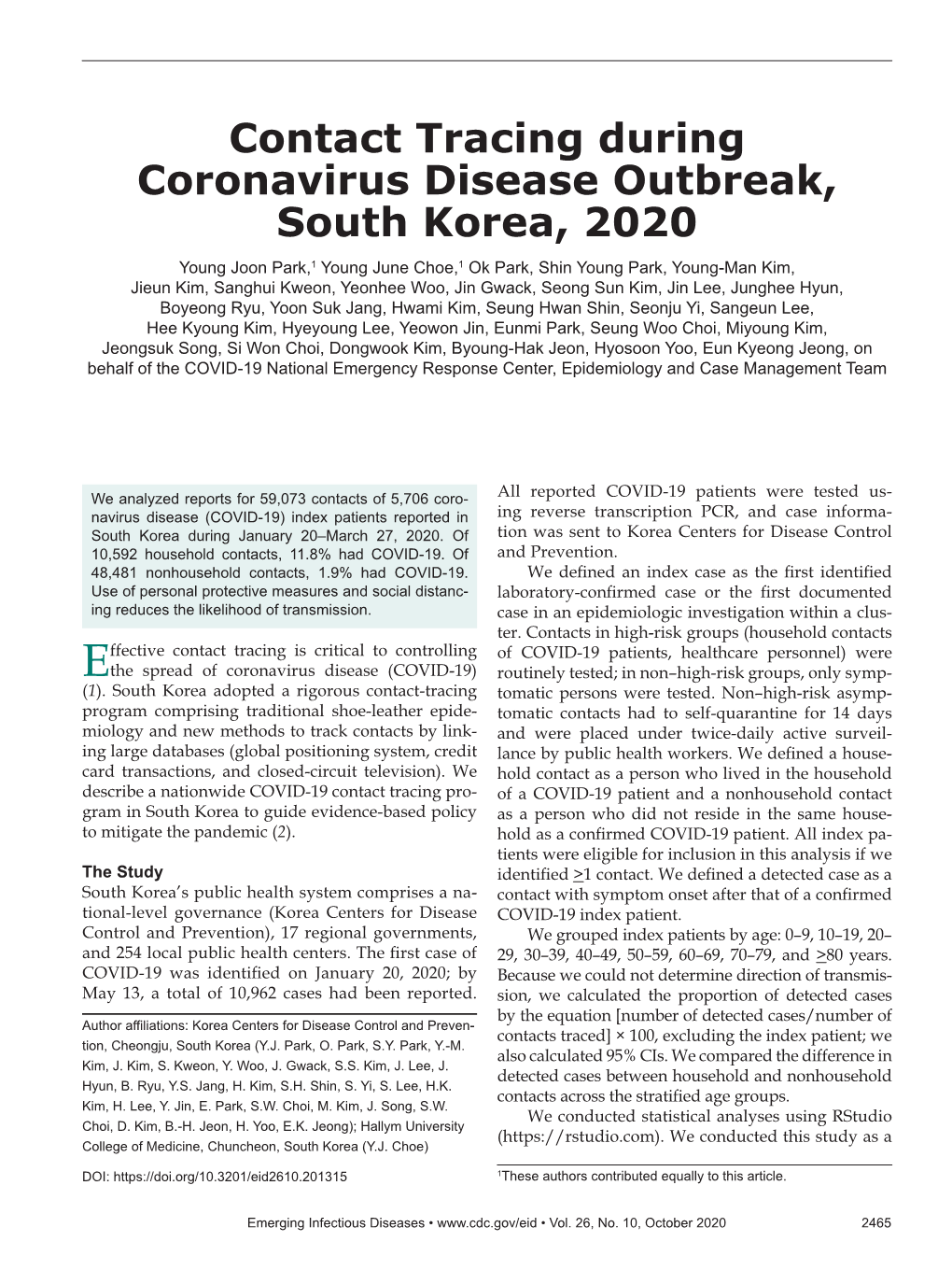 Contact Tracing During Coronavirus Disease Outbreak, South Korea, 2020