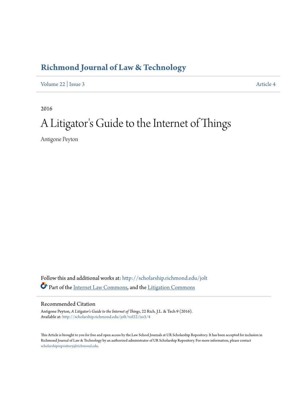 A Litigator's Guide to the Internet of Things Antigone Peyton