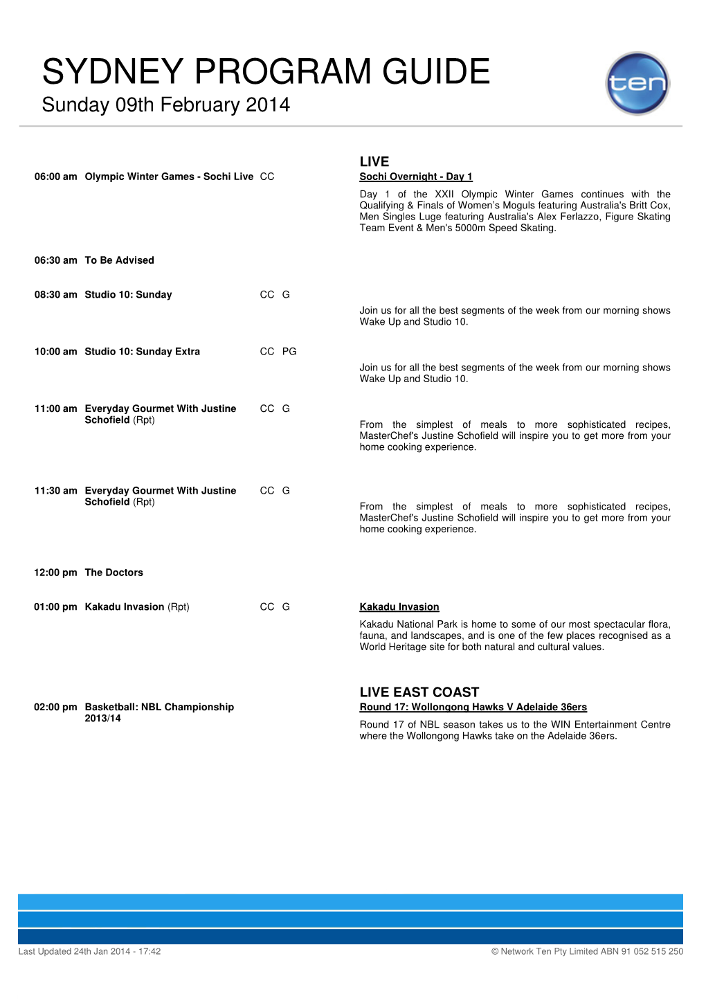 SYDNEY PROGRAM GUIDE Sunday 09Th February 2014