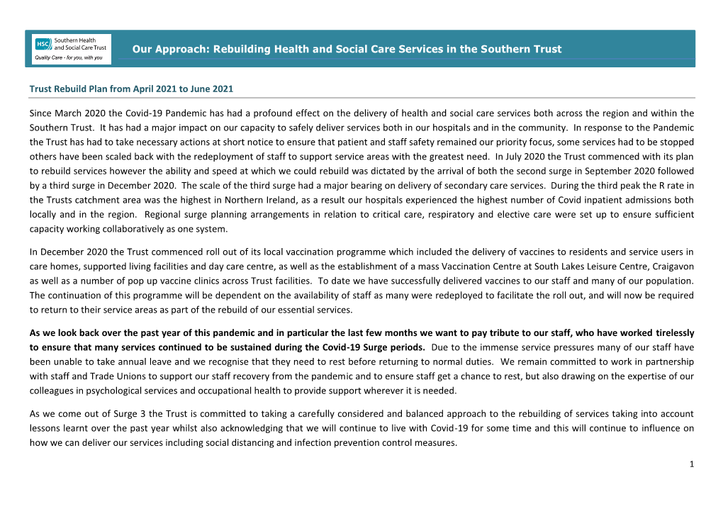 Southern Trust Rebuild Plans (April to June 2021)