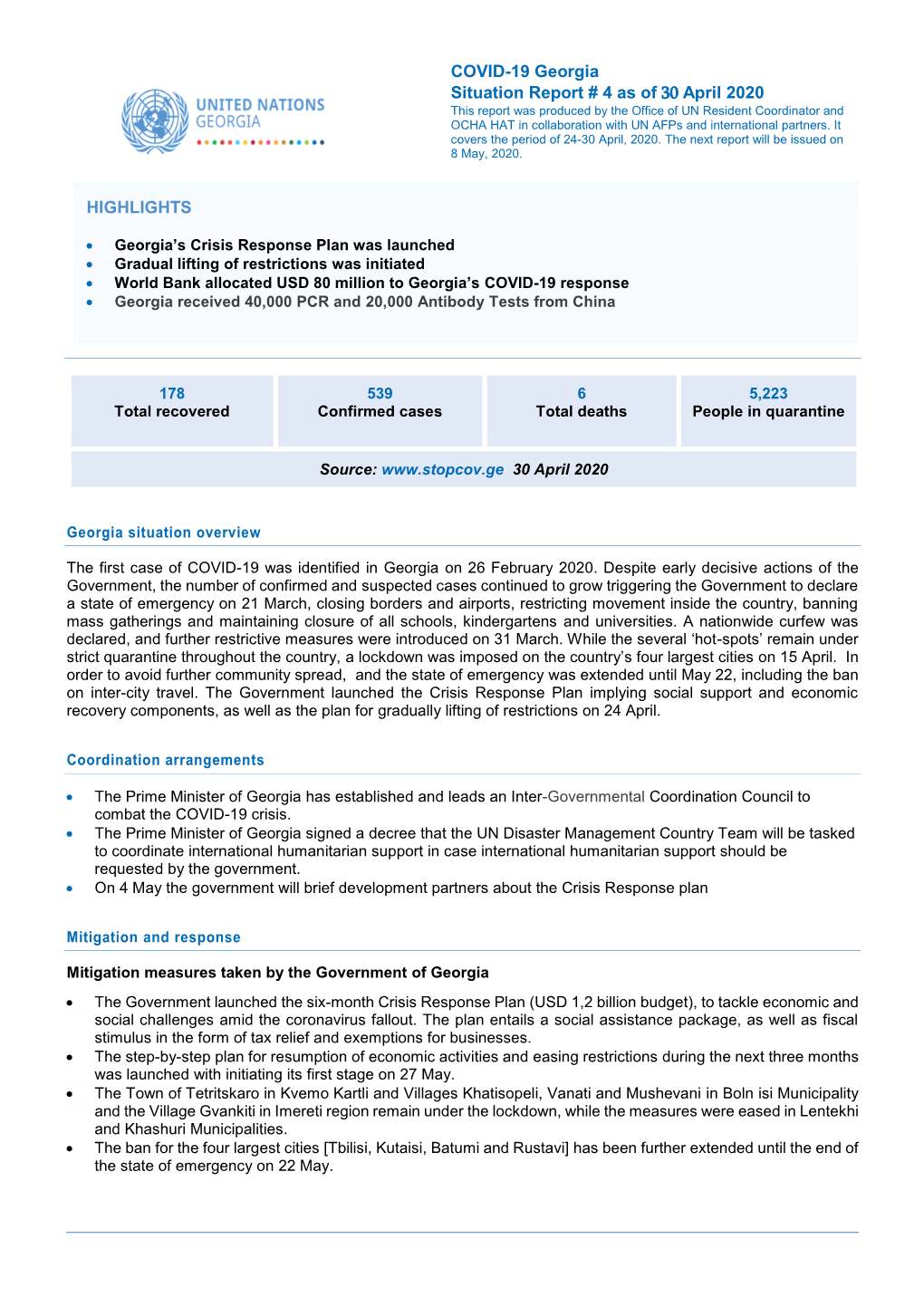 COVID-19 Georgia Situation Report # 4 As of 30 April 2020 HIGHLIGHTS