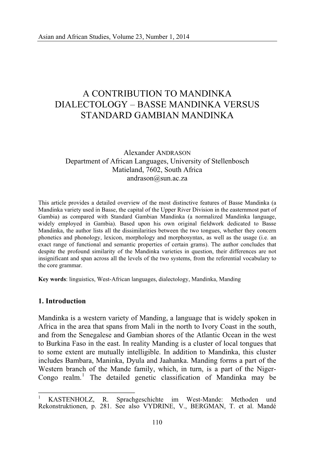 A Contribution to Mandinka Dialectology – Basse Mandinka Versus Standard Gambian Mandinka