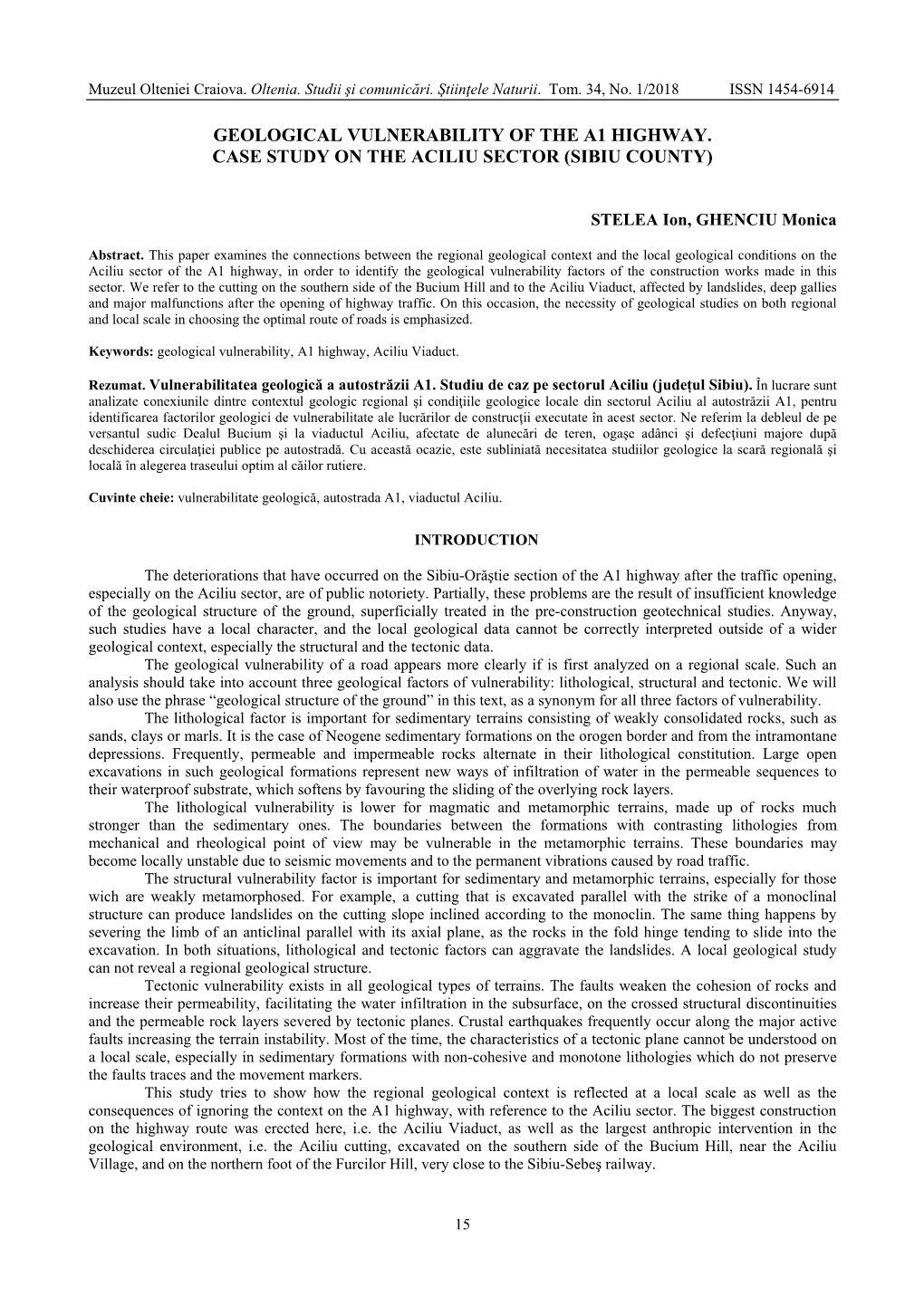 Geological Vulnerability of the A1 Highway. Case Study on the Aciliu Sector (Sibiu County)