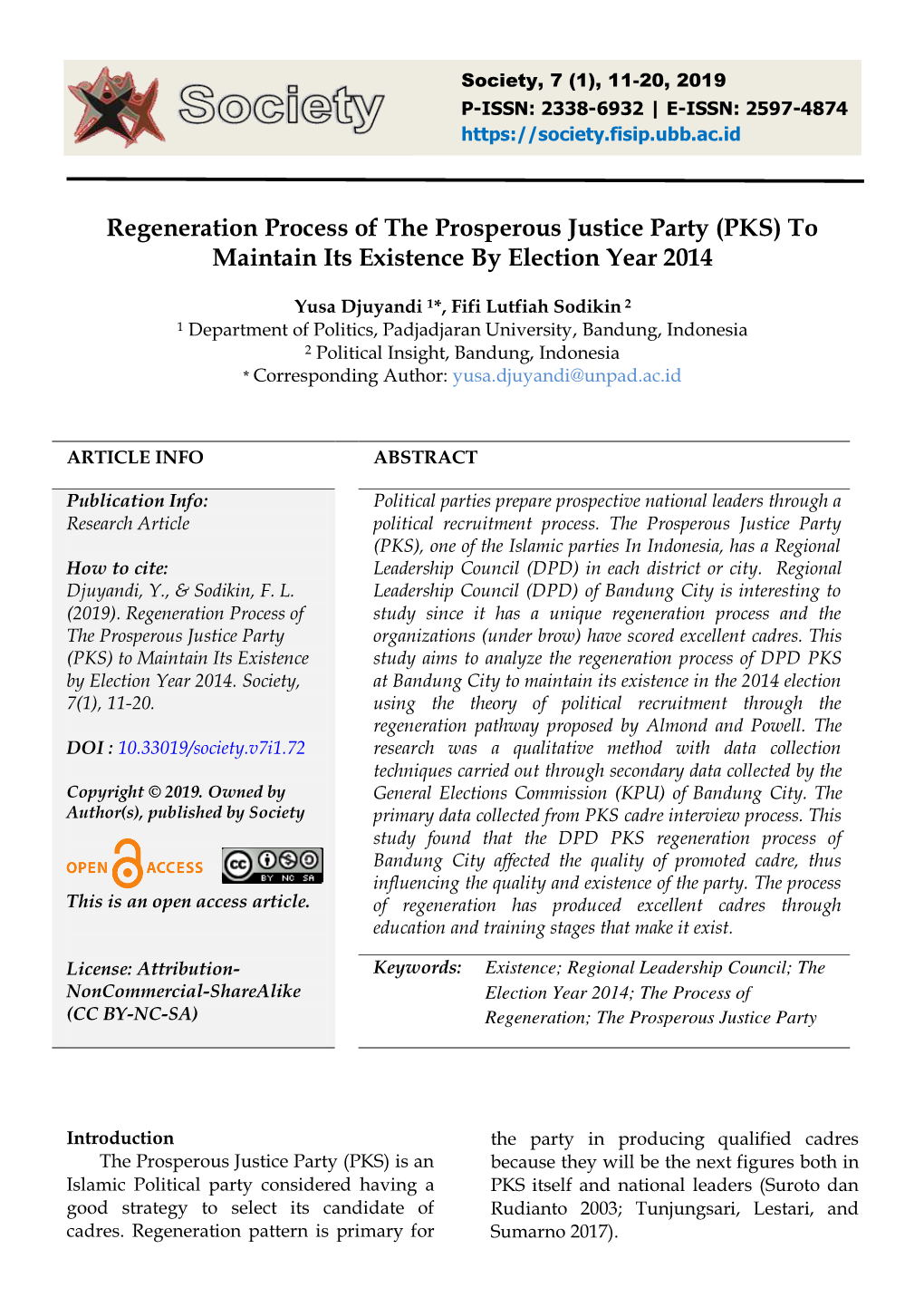 Regeneration Process of the Prosperous Justice Party (PKS) to Maintain Its Existence by Election Year 2014