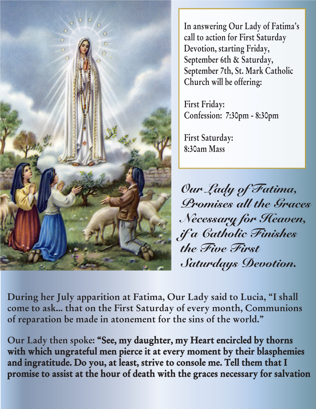Our Lady of Fatima, Promises All the Graces Necessary for Heaven, If a Catholic Finishes the Five First Saturdays Devotion