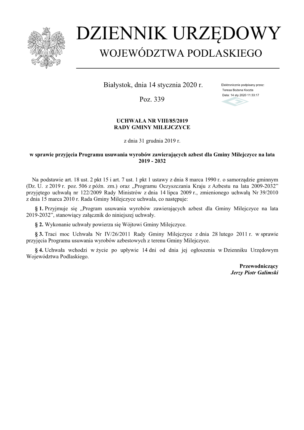 Program Usuwania Wyrobów Zawierających Azbest Dla Gminy Milejczyce Na Lata 2019-2032”, Stanowiący Załącznik Do Niniejszej Uchwały