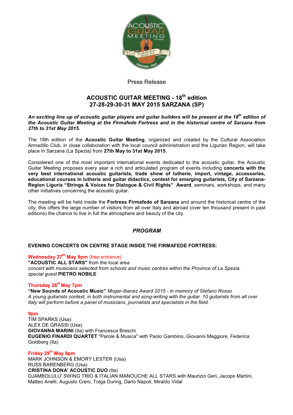 Press Release ACOUSTIC GUITAR MEETING 18Th Edition 2015
