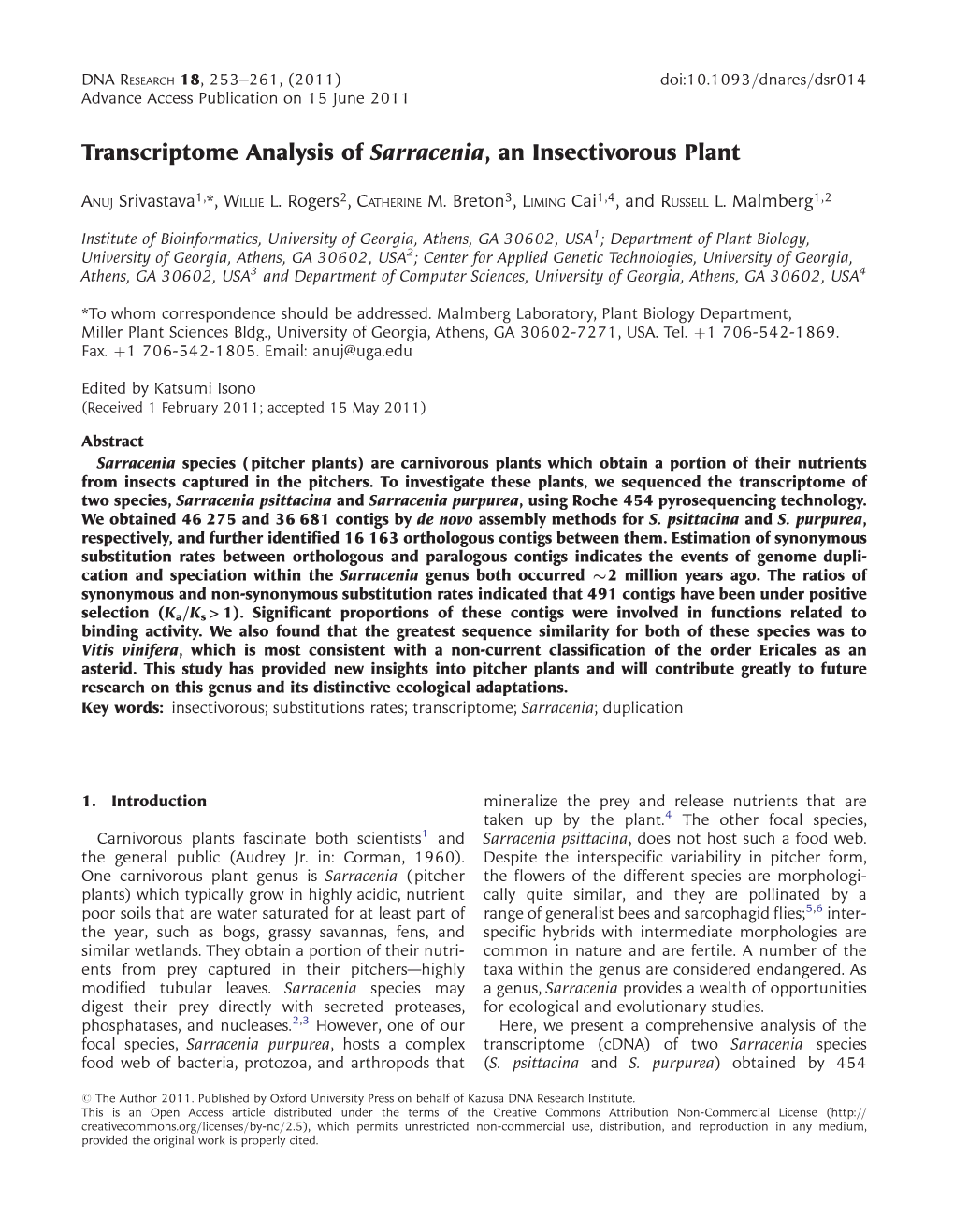 Transcriptome Analysis of Sarracenia, an Insectivorous Plant