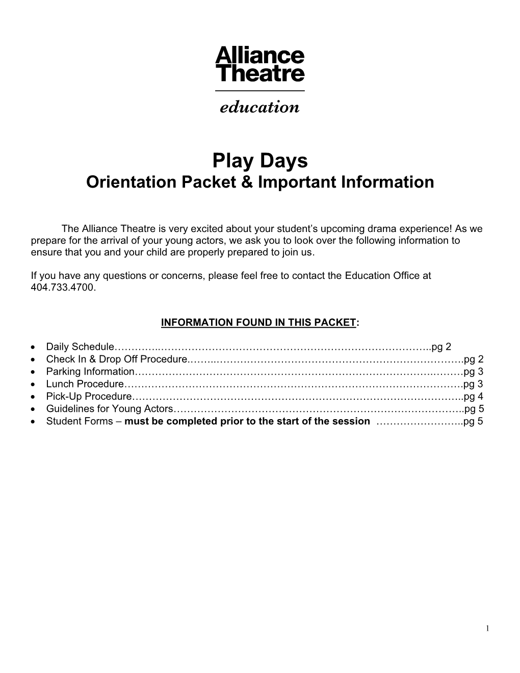 Play Days Orientation Packet & Important Information