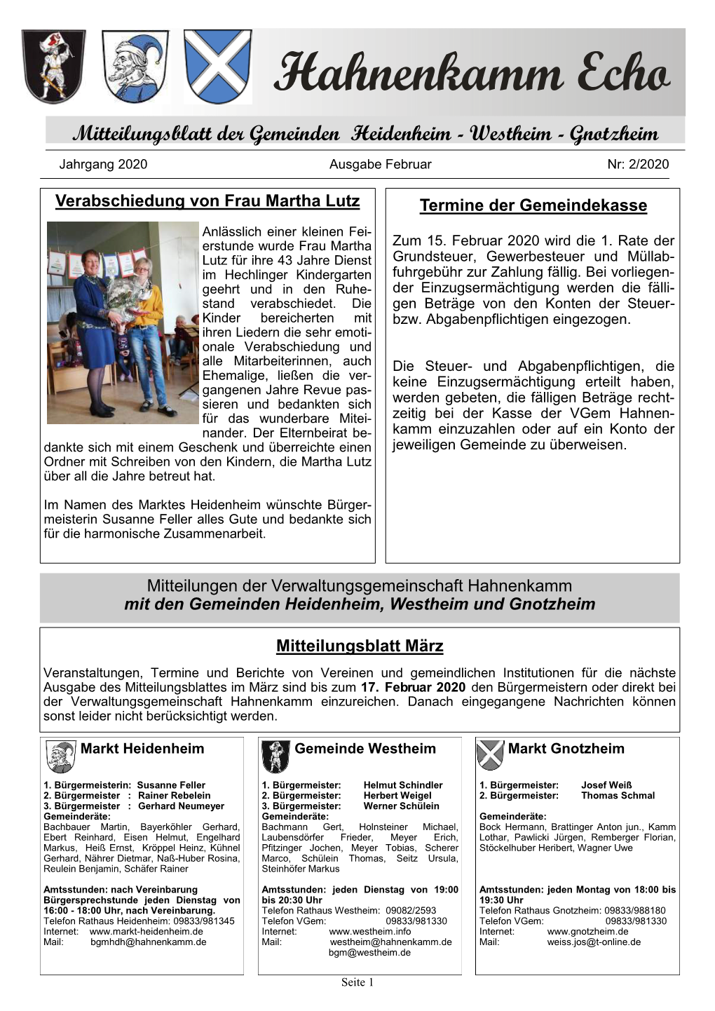 Hahnenkamm Echo Mitteilungsblatt Der Gemeinden Heidenheim - Westheim - Gnotzheim Jahrgang 2020 Ausgabe Februar Nr: 2/2020