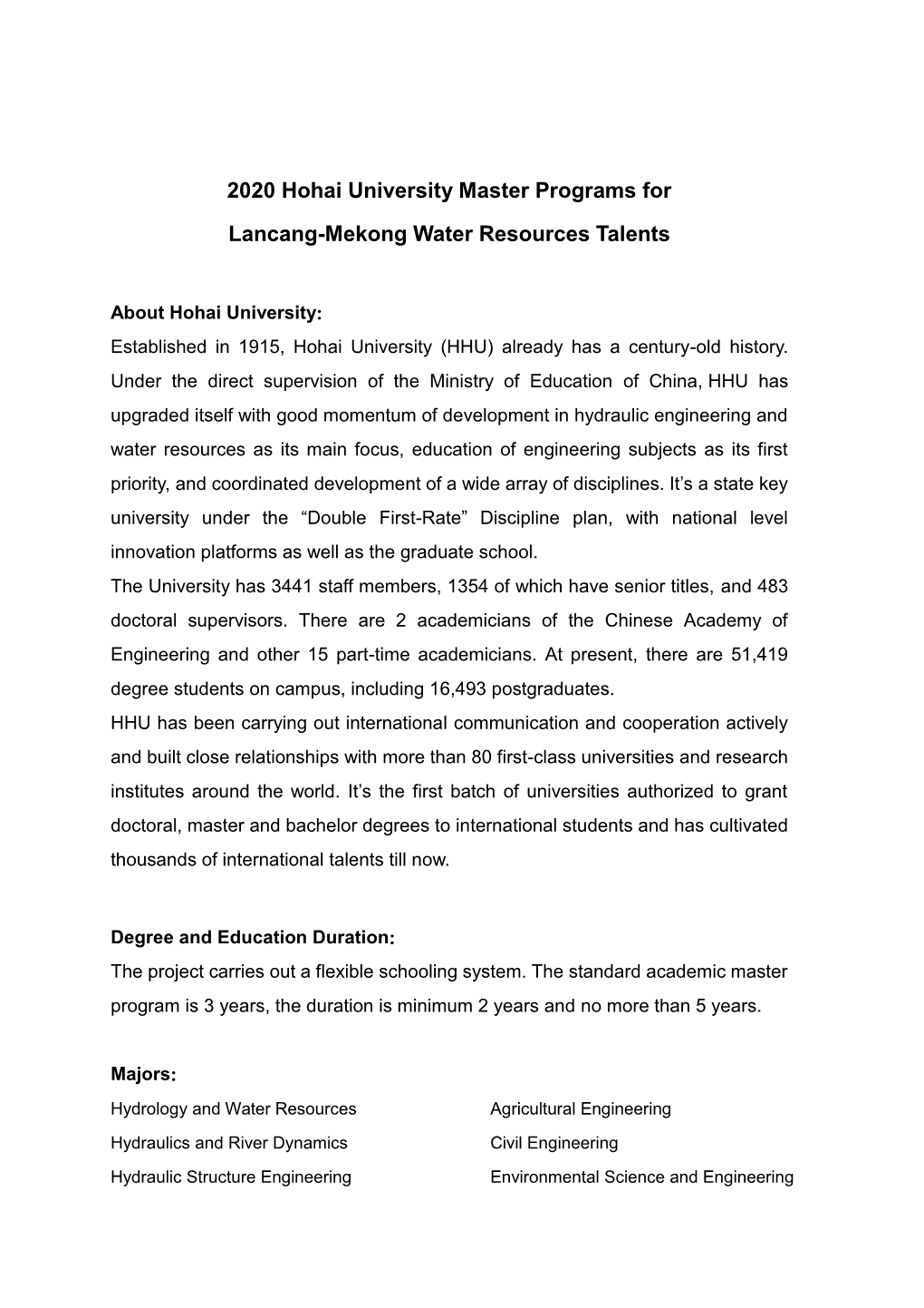 2020 Hohai University Master Programs for Lancang-Mekong Water Resources Talents
