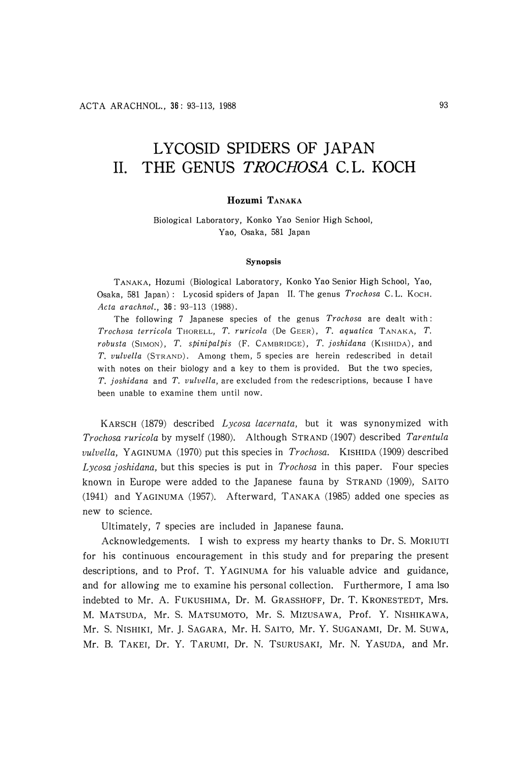 Lycosid Spiders of Japan the Genus Trochosa C.L. Koch