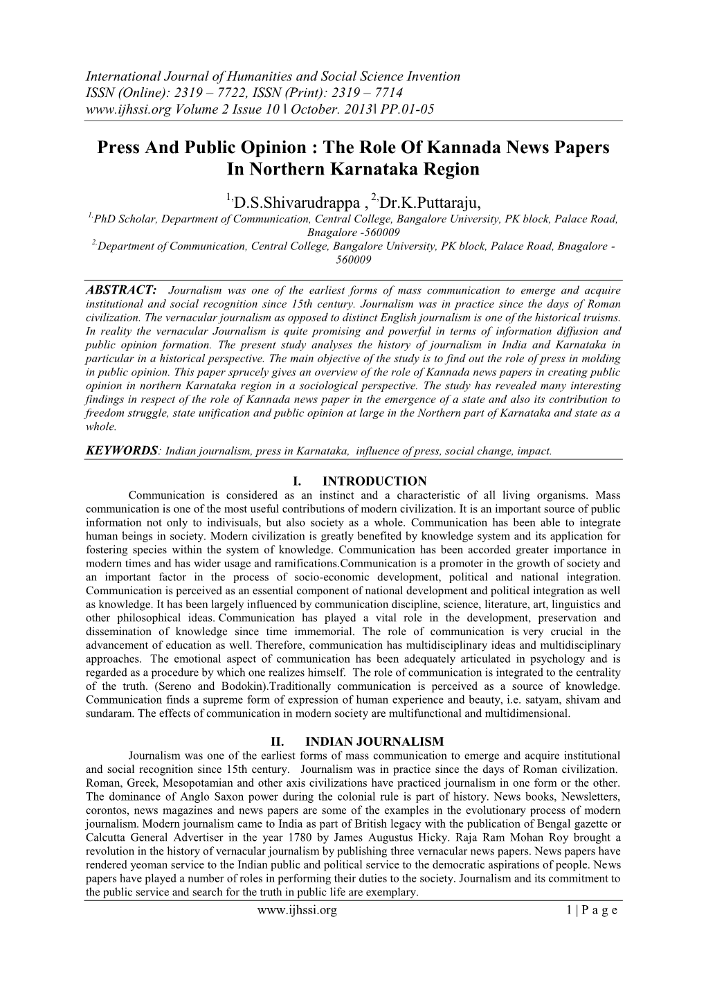 Press and Public Opinion : the Role of Kannada News Papers in Northern Karnataka Region