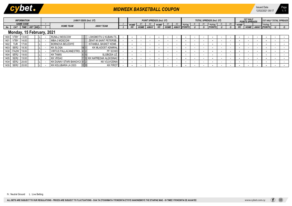 Midweek Basketball Coupon 12/02/2021 09:17 1 / 1