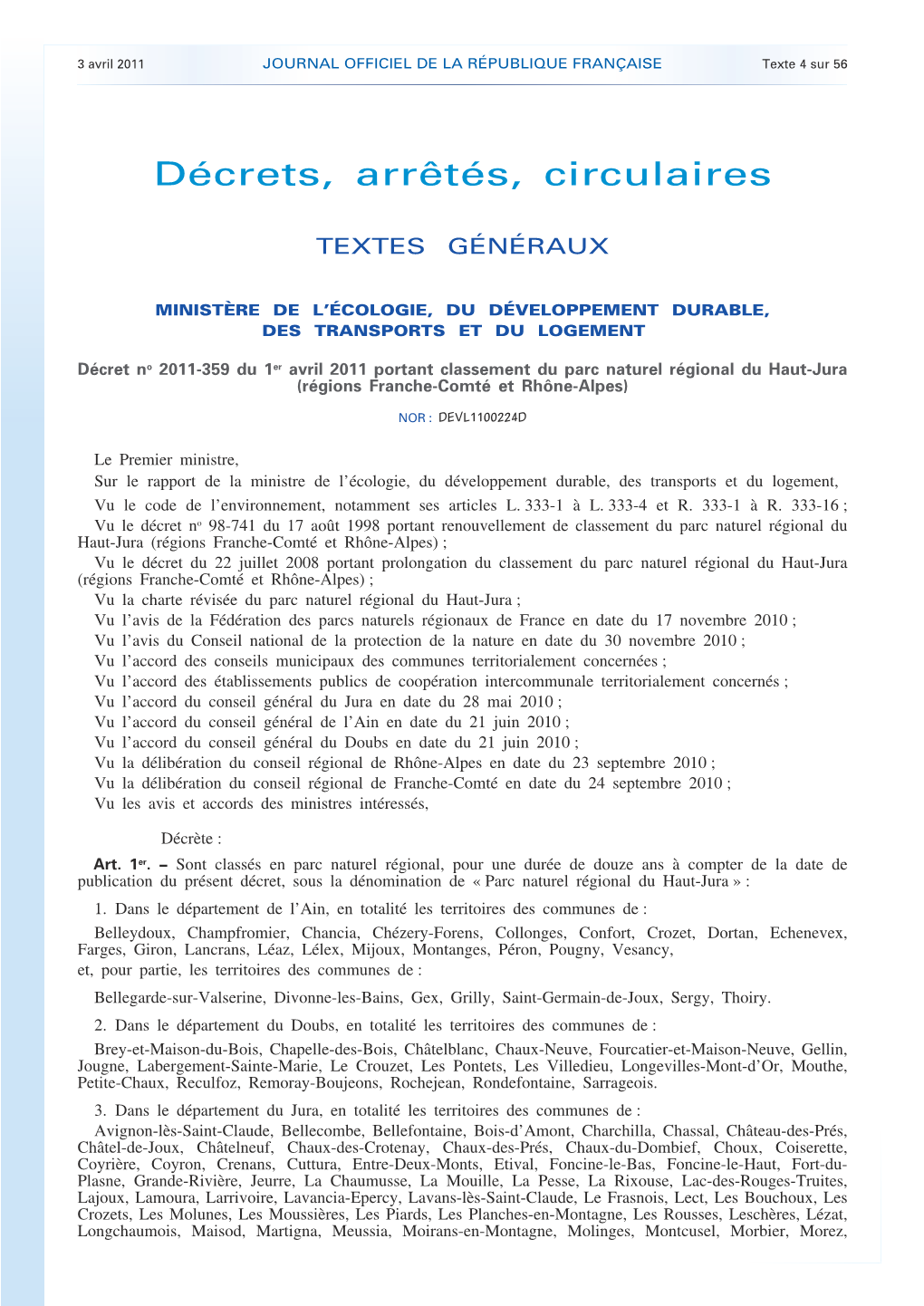 JOURNAL OFFICIEL DE LA RÉPUBLIQUE FRANÇAISE Texte 4 Sur 56