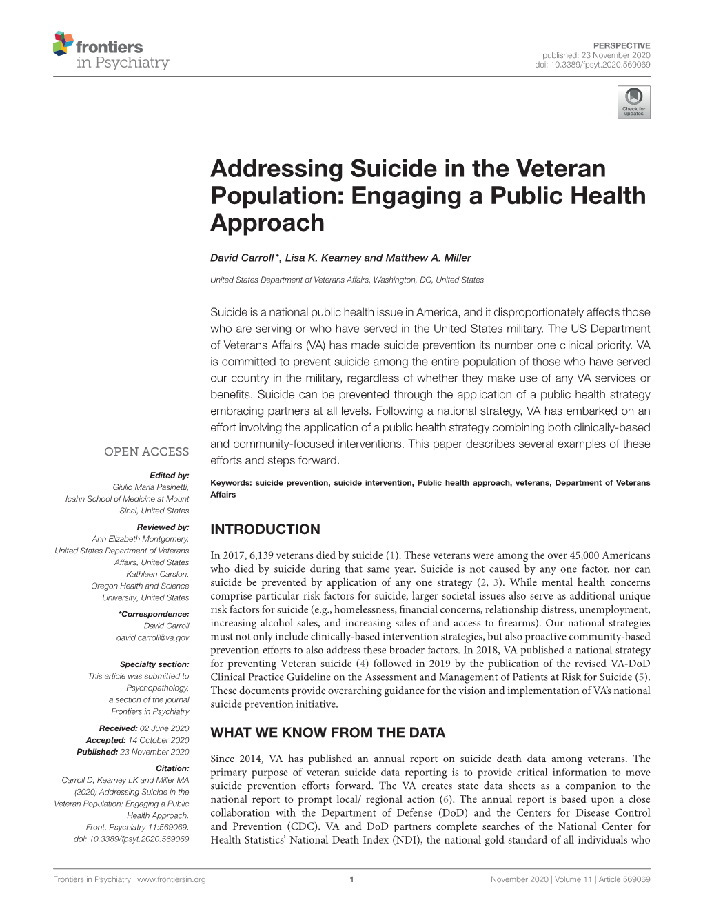 Addressing Suicide in the Veteran Population: Engaging a Public Health Approach