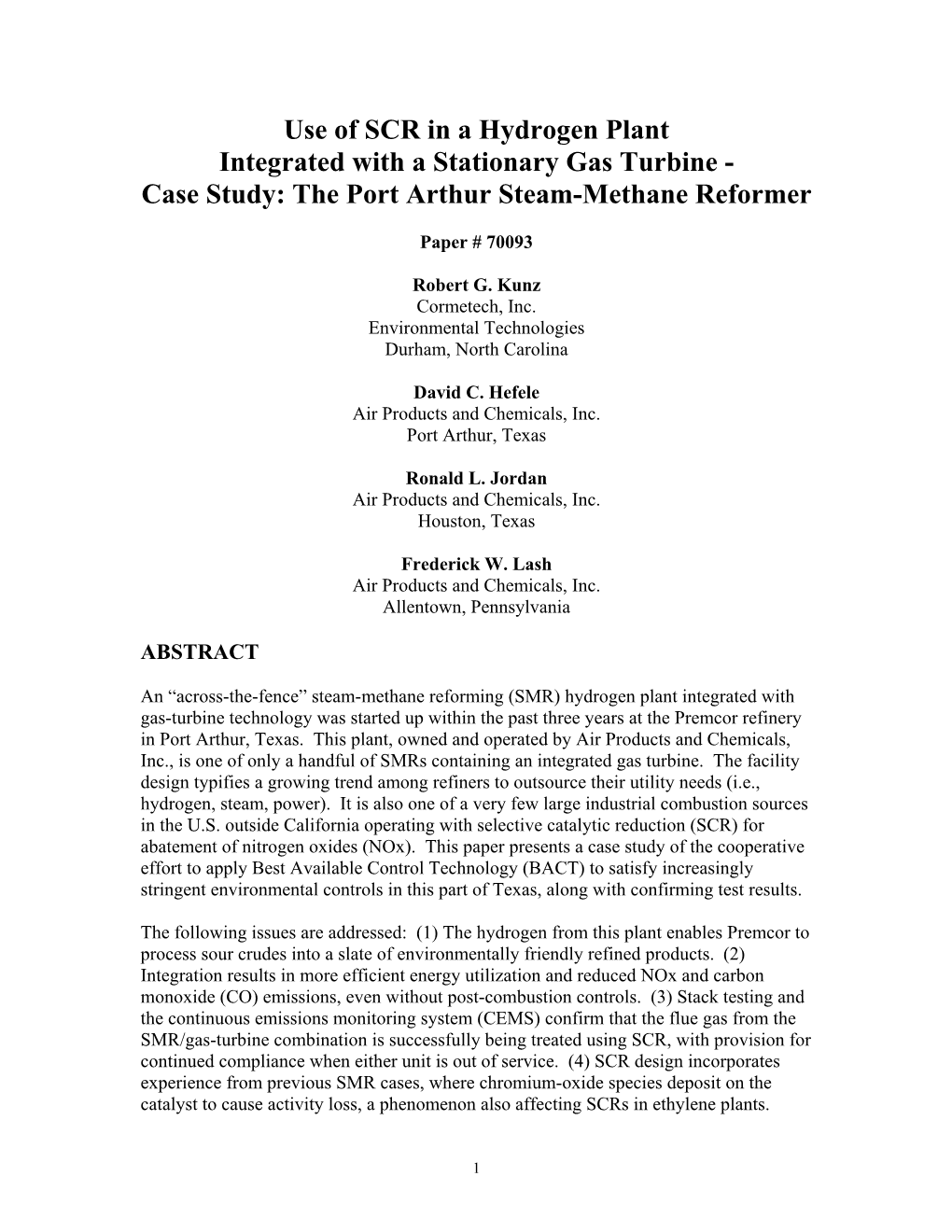 Use of SCR in a Hydrogen Plant Integrated with a Stationary Gas Turbine - Case Study: the Port Arthur Steam-Methane Reformer