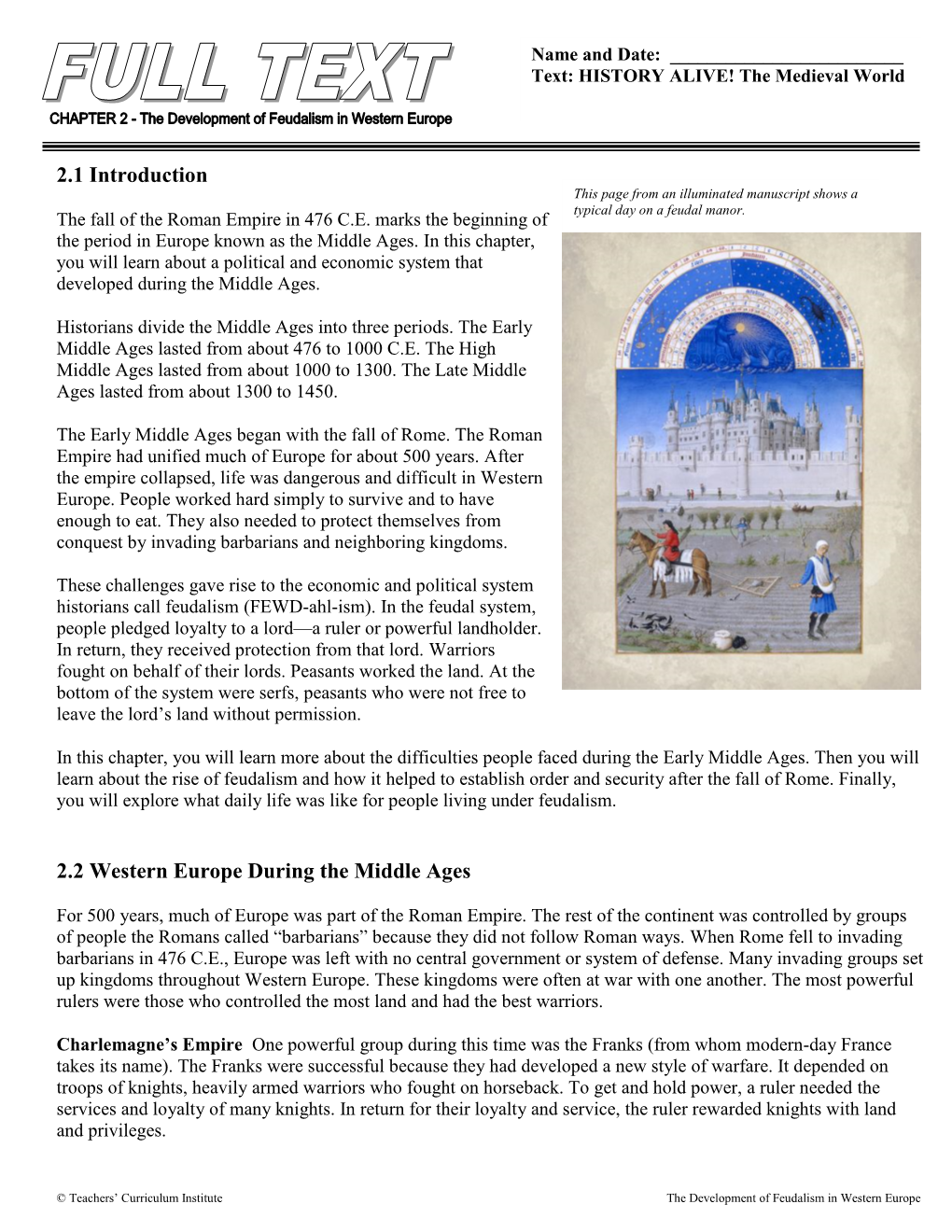 2.1 Introduction 2.2 Western Europe During the Middle Ages