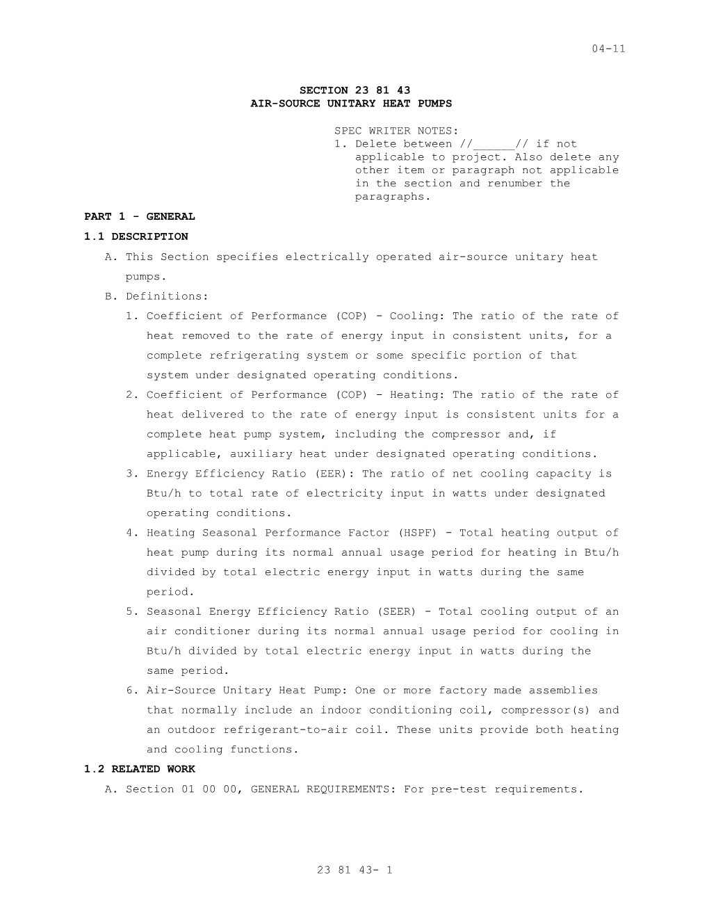 Section 23 81 43 - Air-Source Unitary Heat Pumps