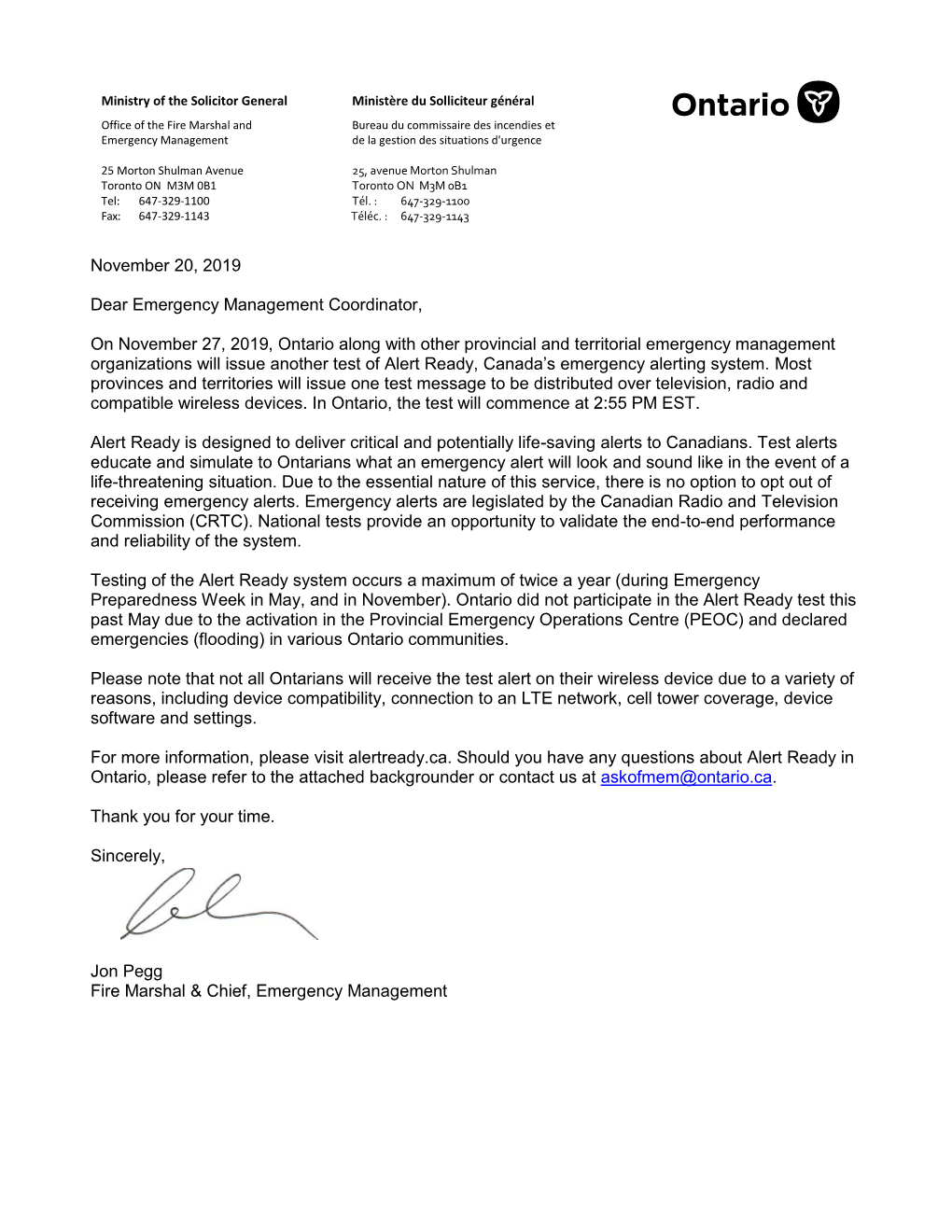 November 20, 2019 Dear Emergency Management Coordinator, On