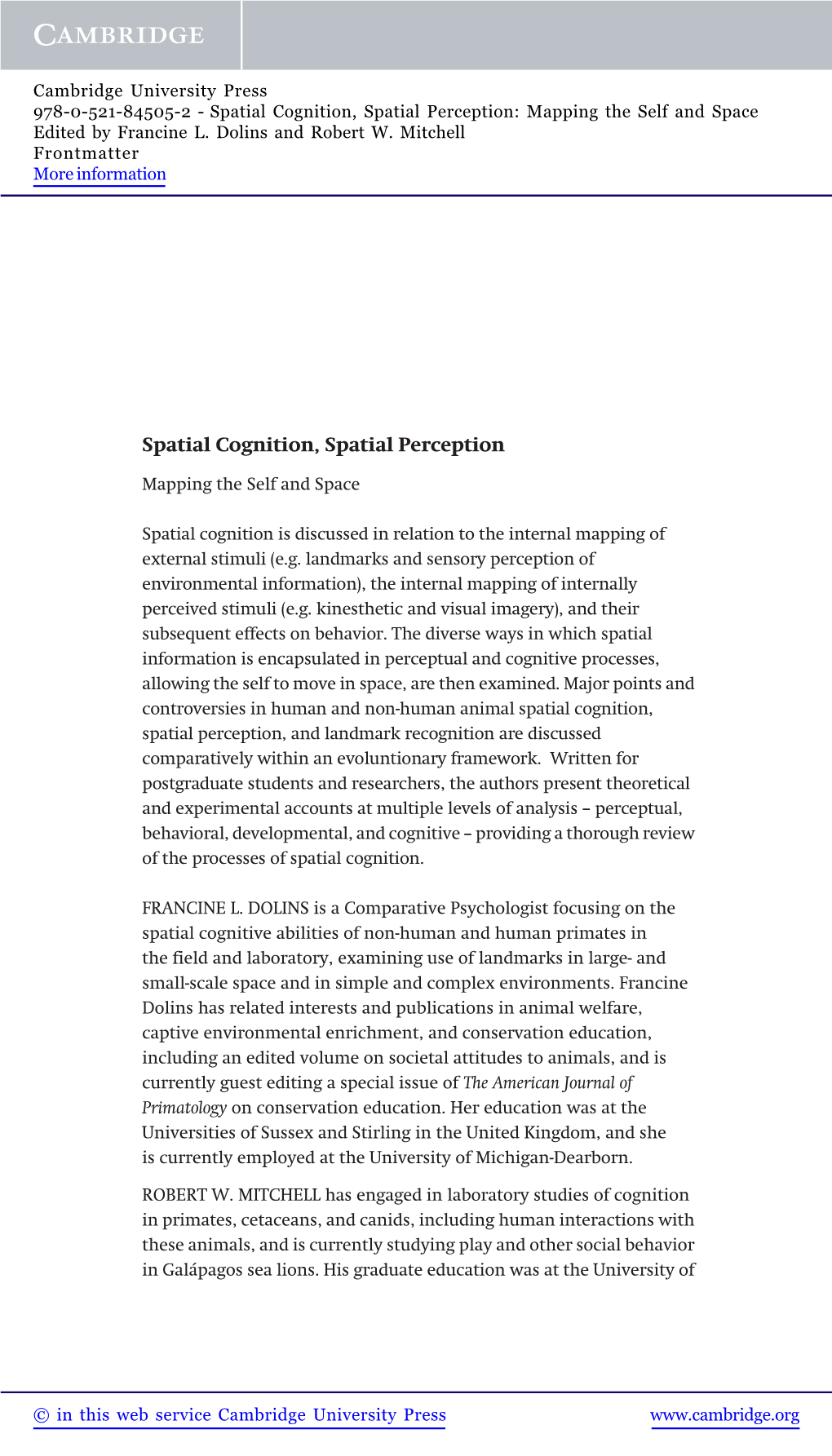 Spatial Cognition, Spatial Perception: Mapping the Self and Space Edited by Francine L