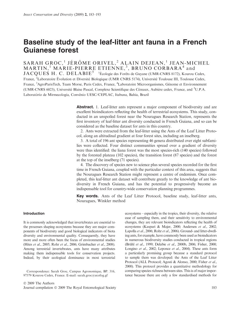 Baseline Study of the Leaf-Litter Ant Fauna in a French Guianese Forest