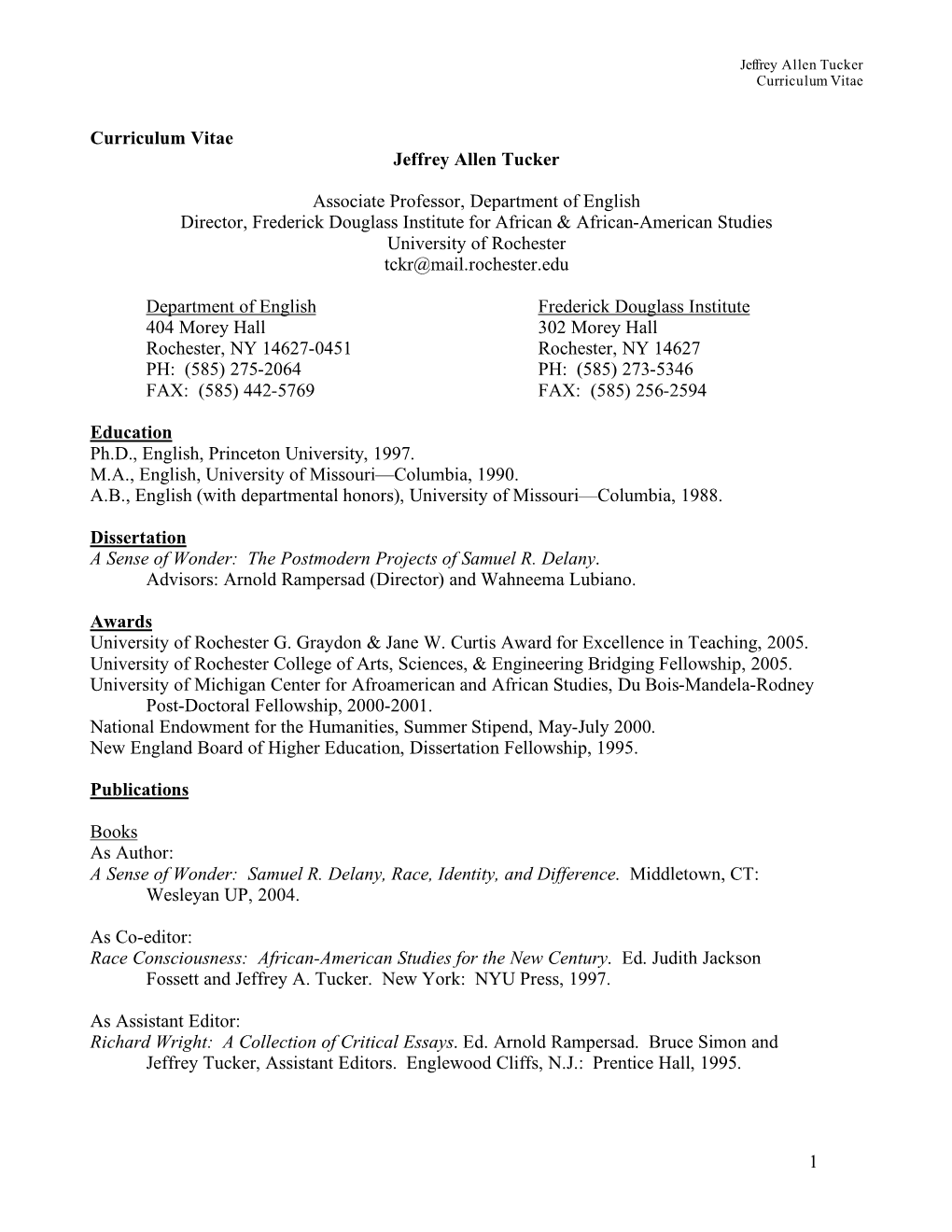 Jeffrey Tucker's CV