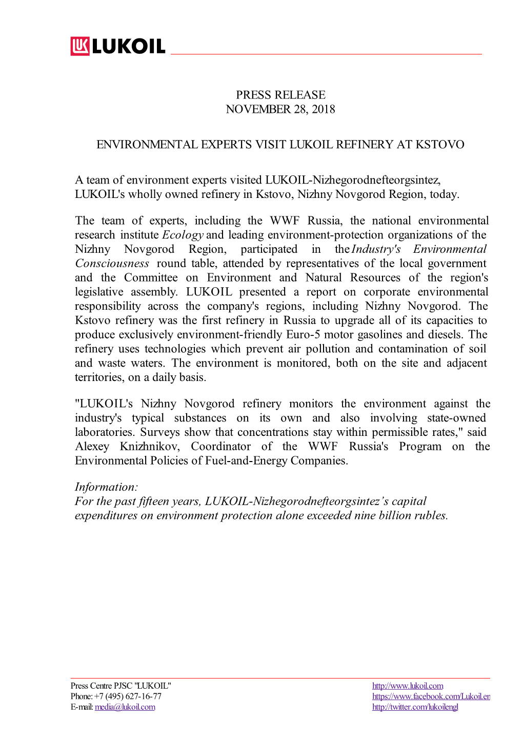 Press Release November 28, 2018 Environmental Experts