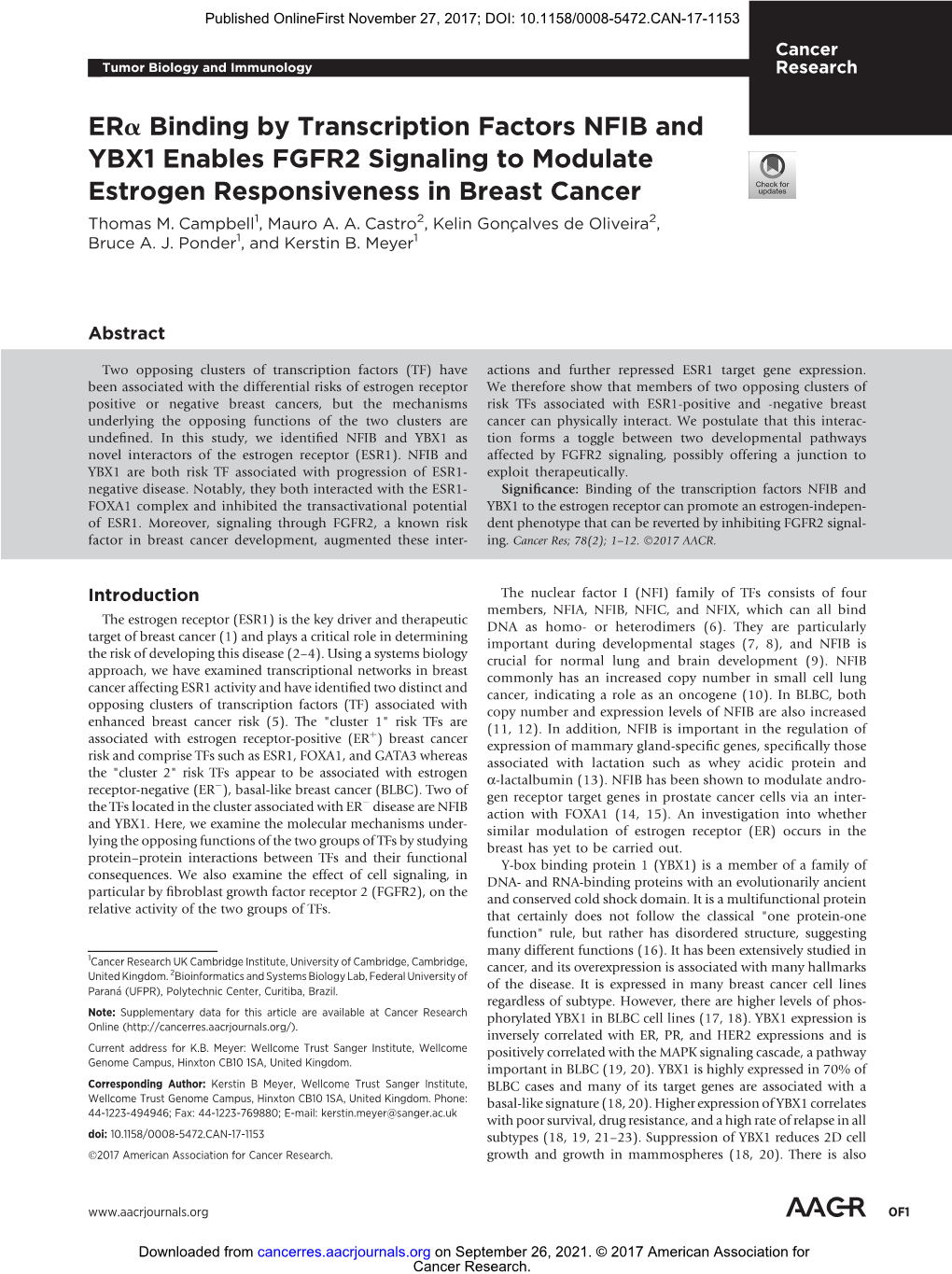 Erα Binding by Transcription Factors NFIB and YBX1 Enables FGFR2 Signaling to Modulate Estrogen Responsiveness in Breast Cancer