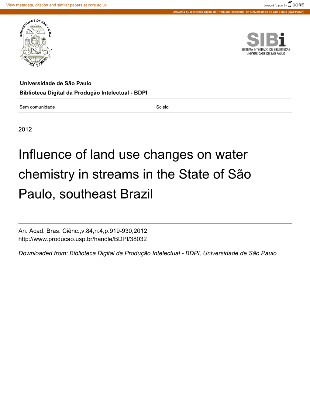 Influence of Land Use Changes on Water Chemistry in Streams in the State of São Paulo, Southeast Brazil