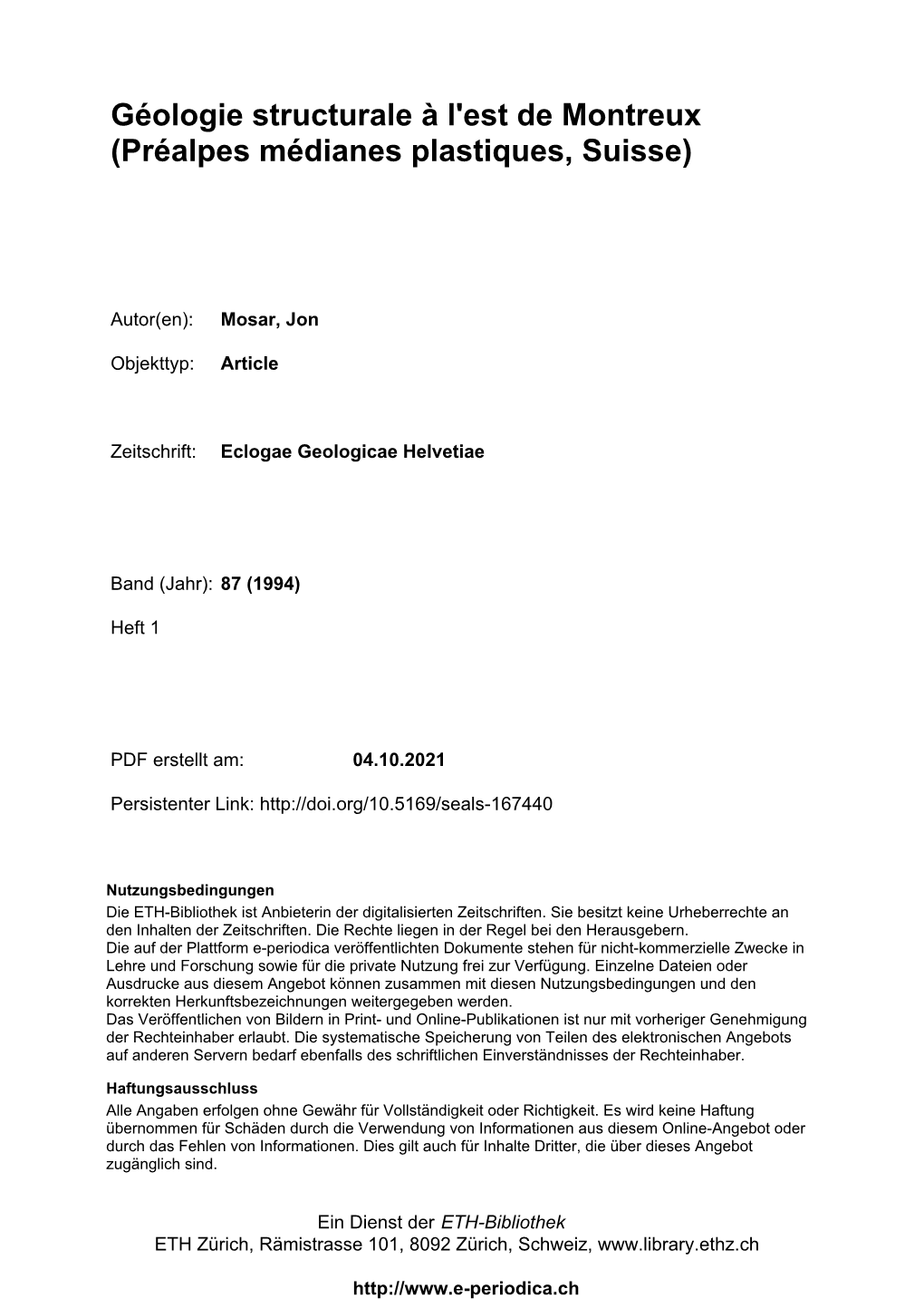 Géologie Structurale À L'est De Montreux (Préalpes Médianes Plastiques, Suisse)