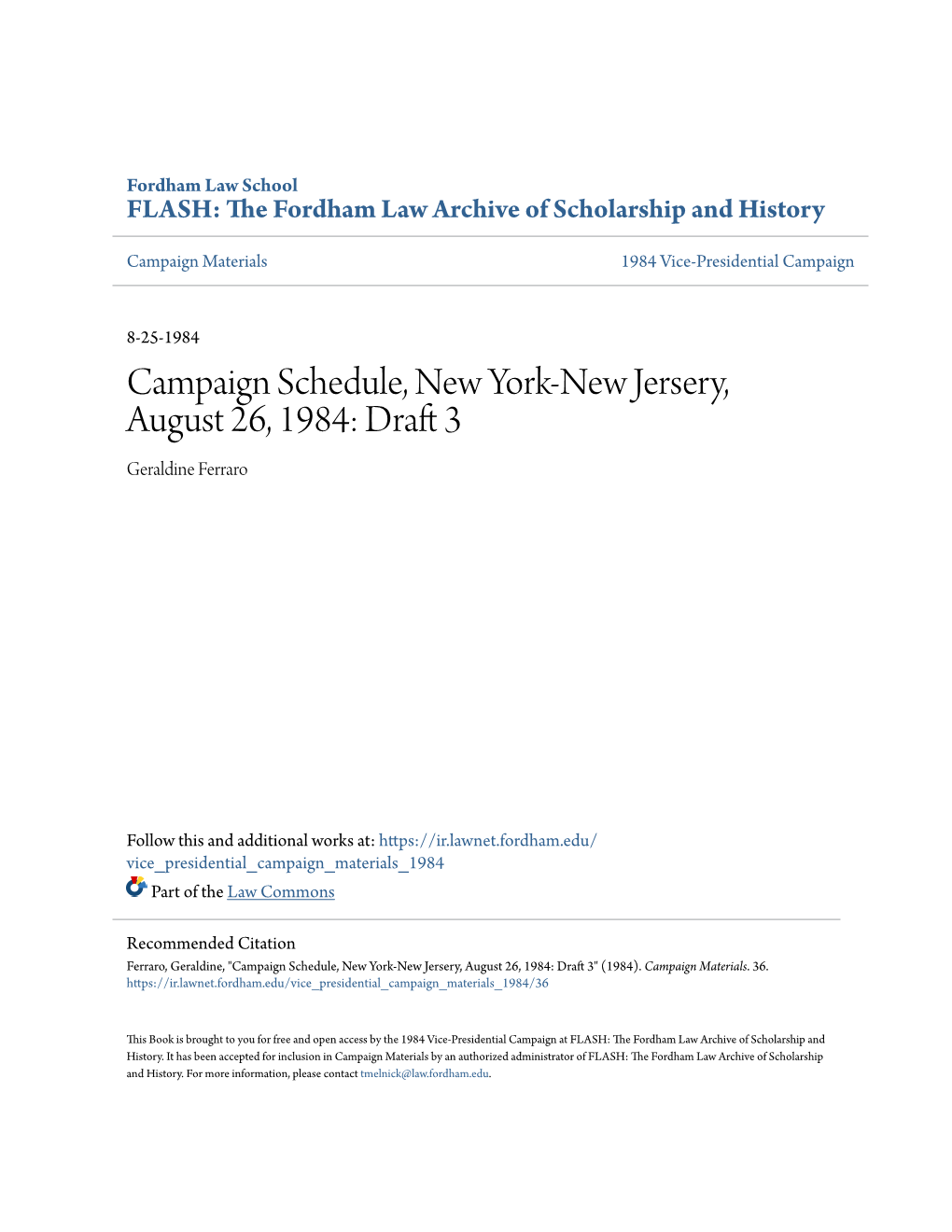 Campaign Schedule, New York-New Jersery, August 26, 1984: Draft 3 Geraldine Ferraro