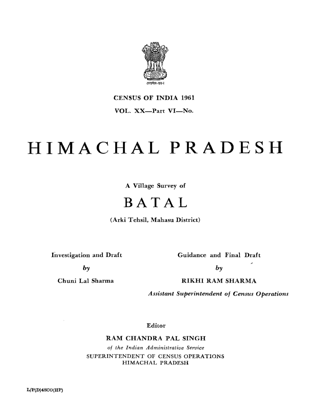 Village Survey of Batal, Part-VI-No-23, Vol-XX, Himachal