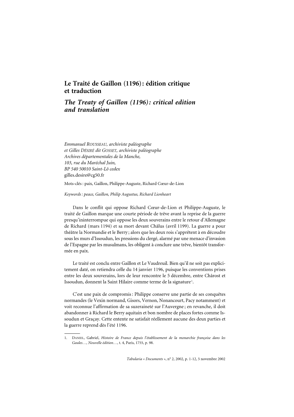 Le Traité De Gaillon (1196): Édition Critique Et Traduction the Treaty of Gaillon (1196): Critical Edition and Translation