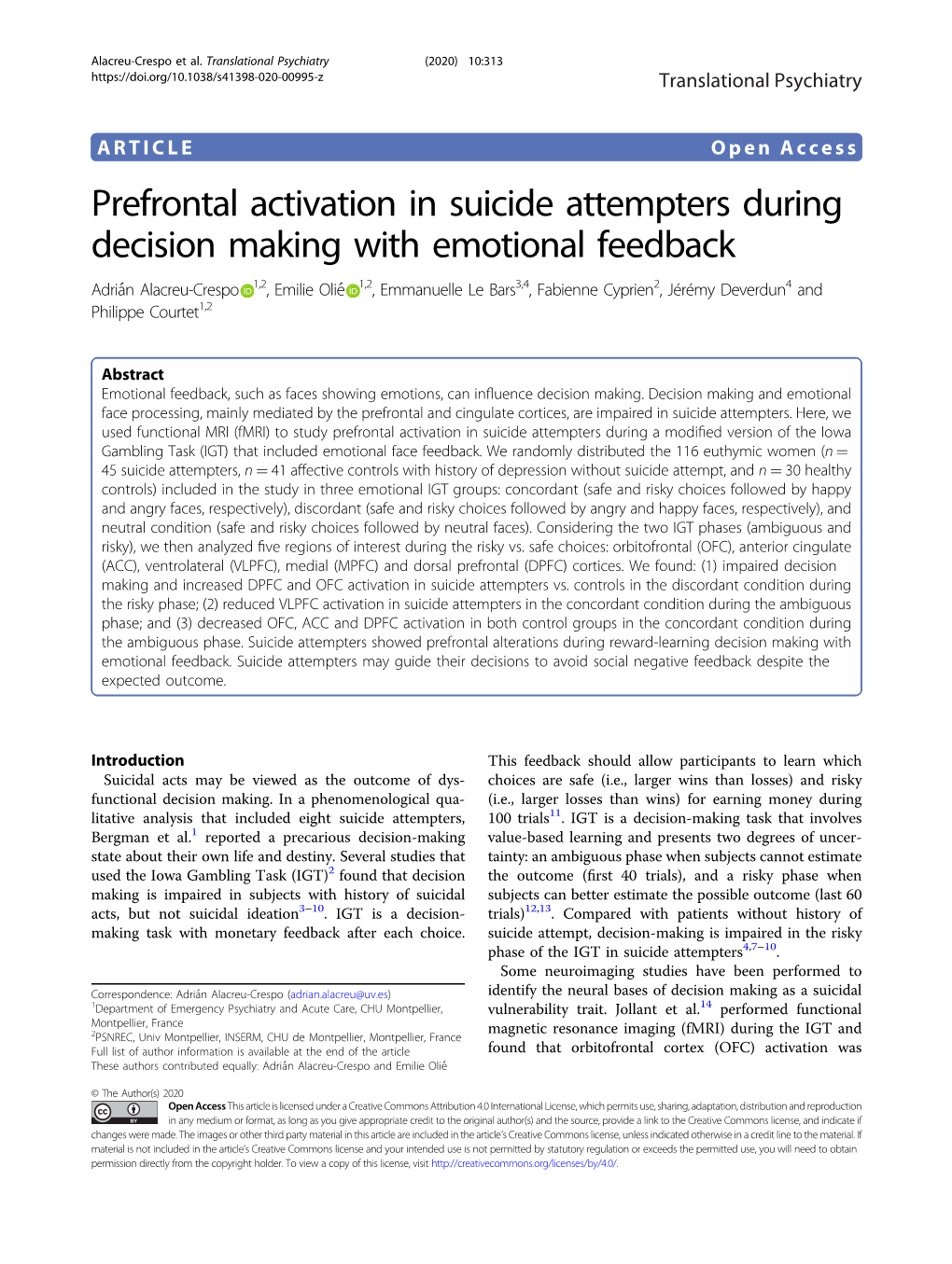 Prefrontal Activation in Suicide Attempters During Decision Making with Emotional Feedback