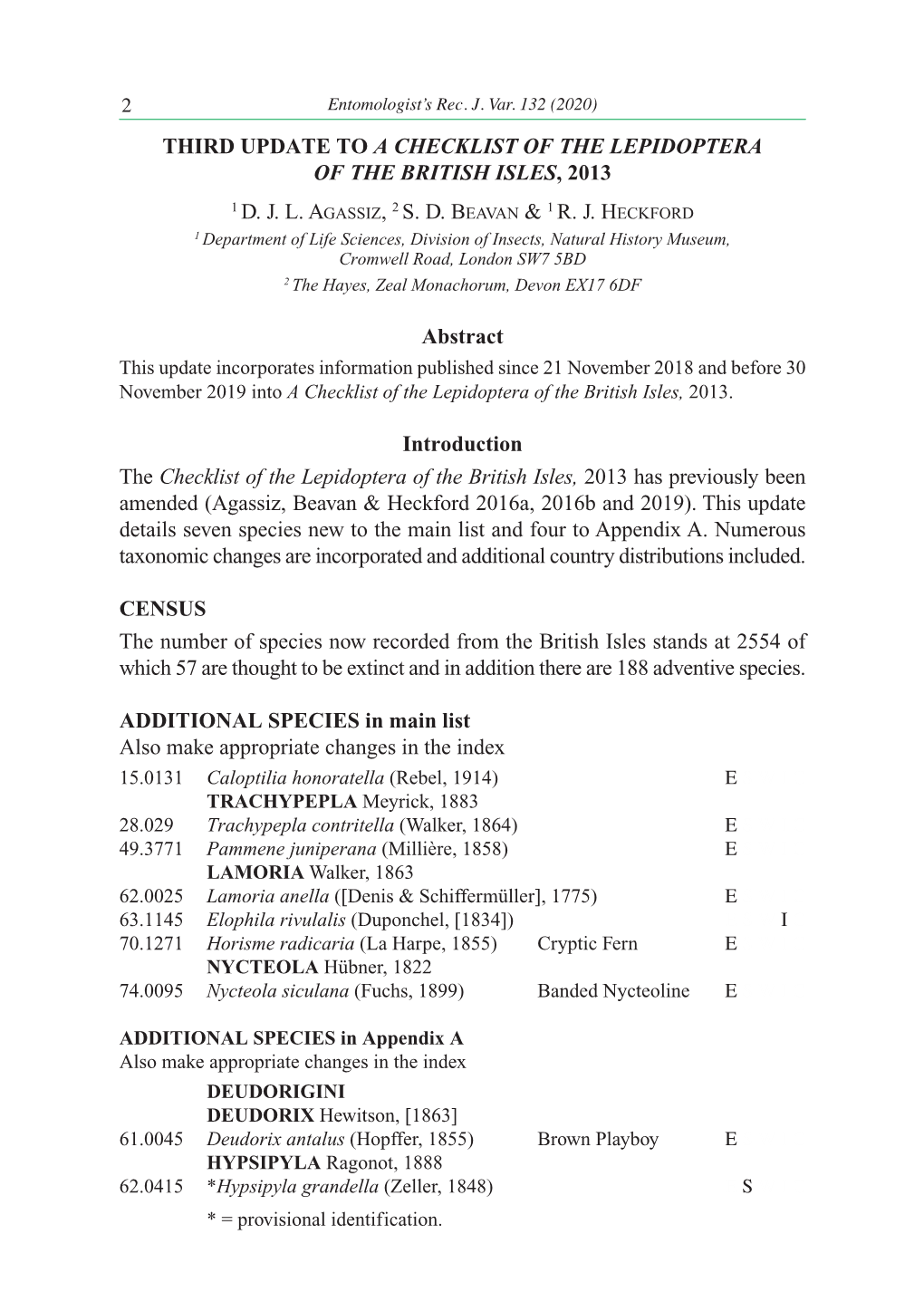 Third Update to a Checklist of the Lepidoptera of the British Isles , 2013