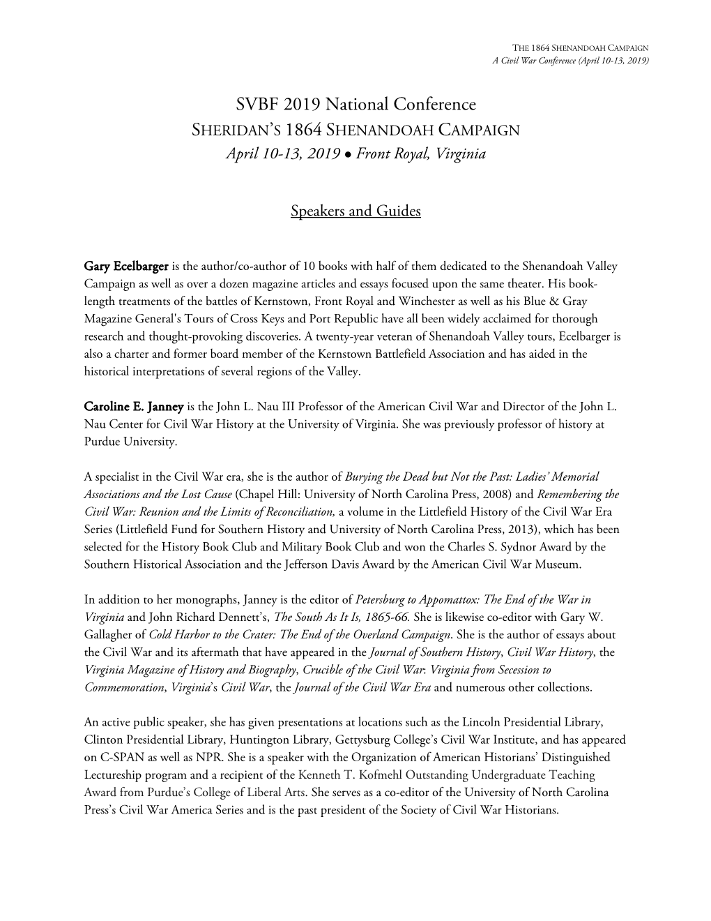 SVBF 2019 National Conference SHERIDAN’S 1864 SHENANDOAH CAMPAIGN April 10-13, 2019 ● Front Royal, Virginia