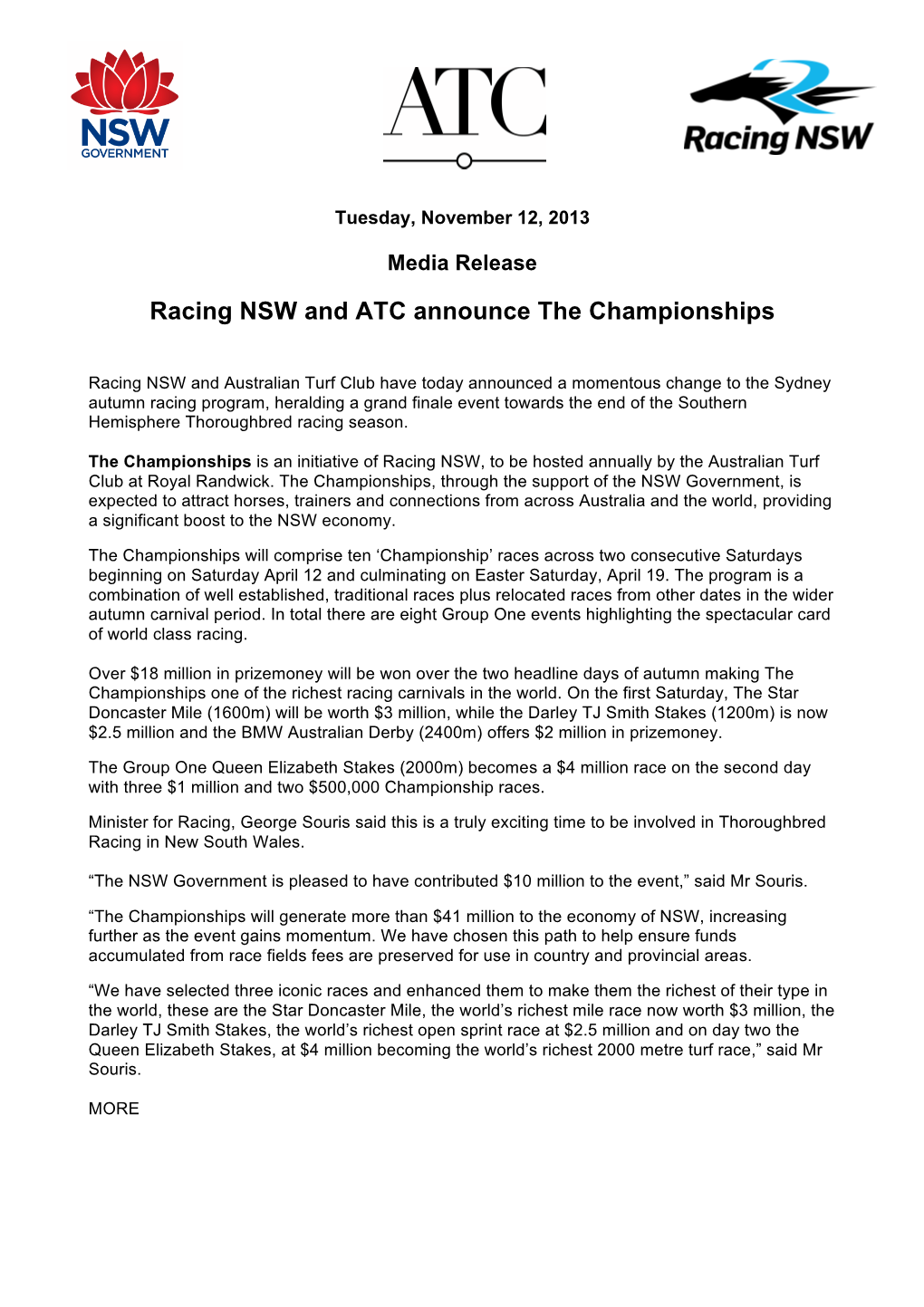 Racing NSW and ATC Announce the Championships