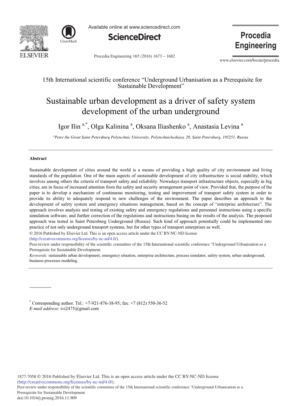 Sustainable Urban Development As a Driver of Safety System Development of the Urban Underground