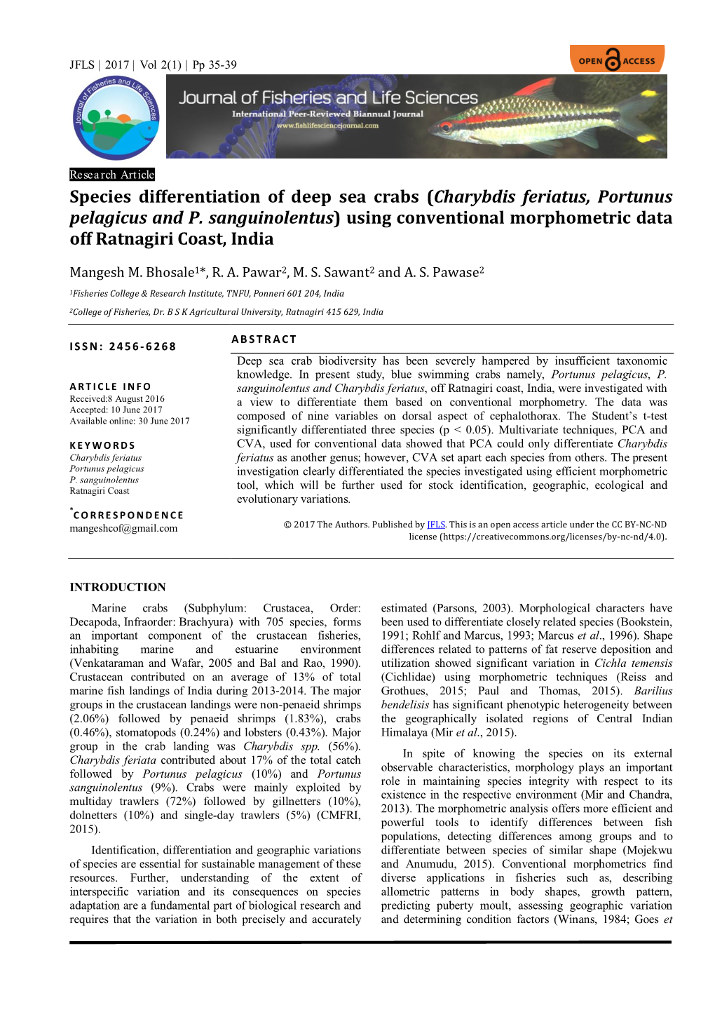 Species Differentiation of Deep Sea Crabs (Charybdis Feriatus, Portunus Pelagicus and P