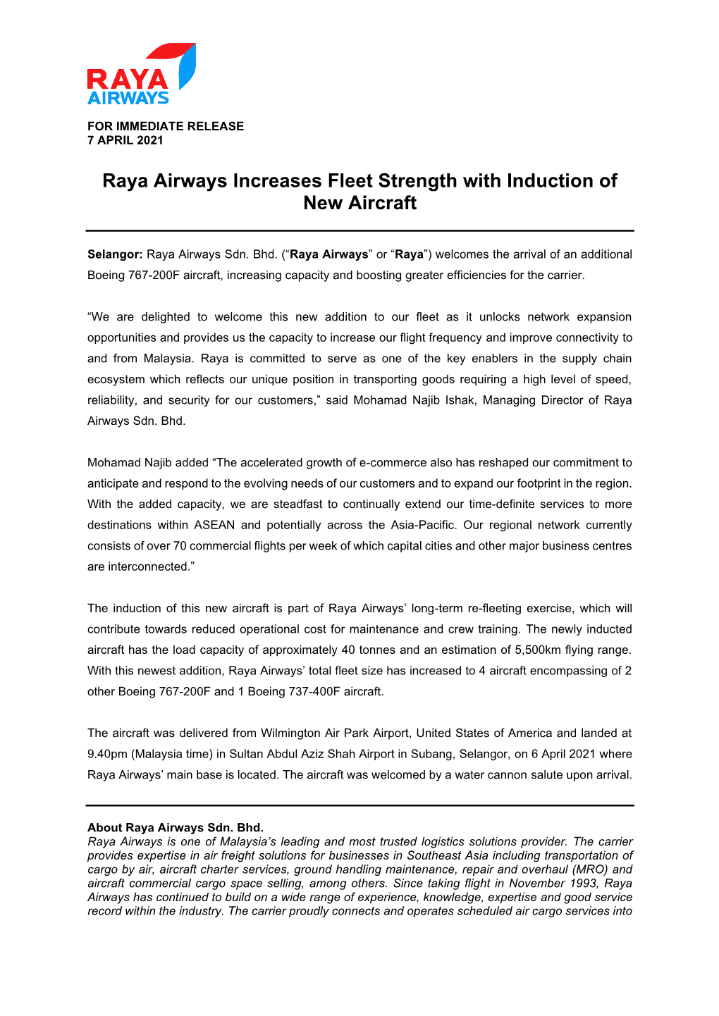 Raya Airways Increases Fleet Strength with Induction of New Aircraft