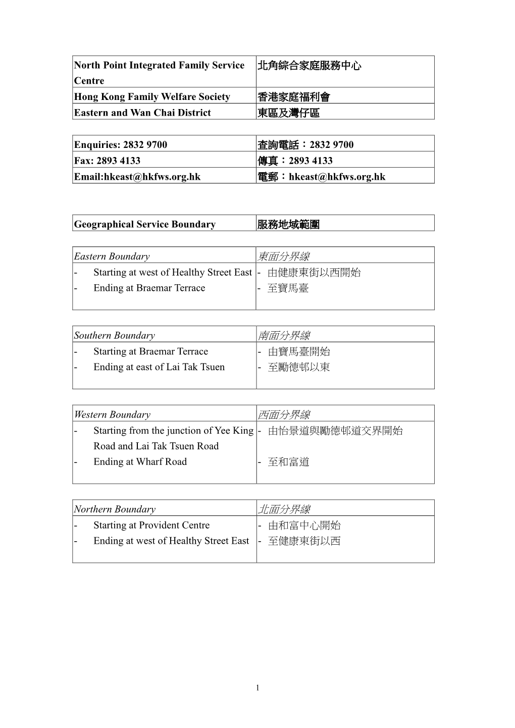 北角綜合家庭服務中心 Centre Hong Kong Family Welfare Society 香港家庭福利會 Eastern and Wan Chai District 東區及灣仔區