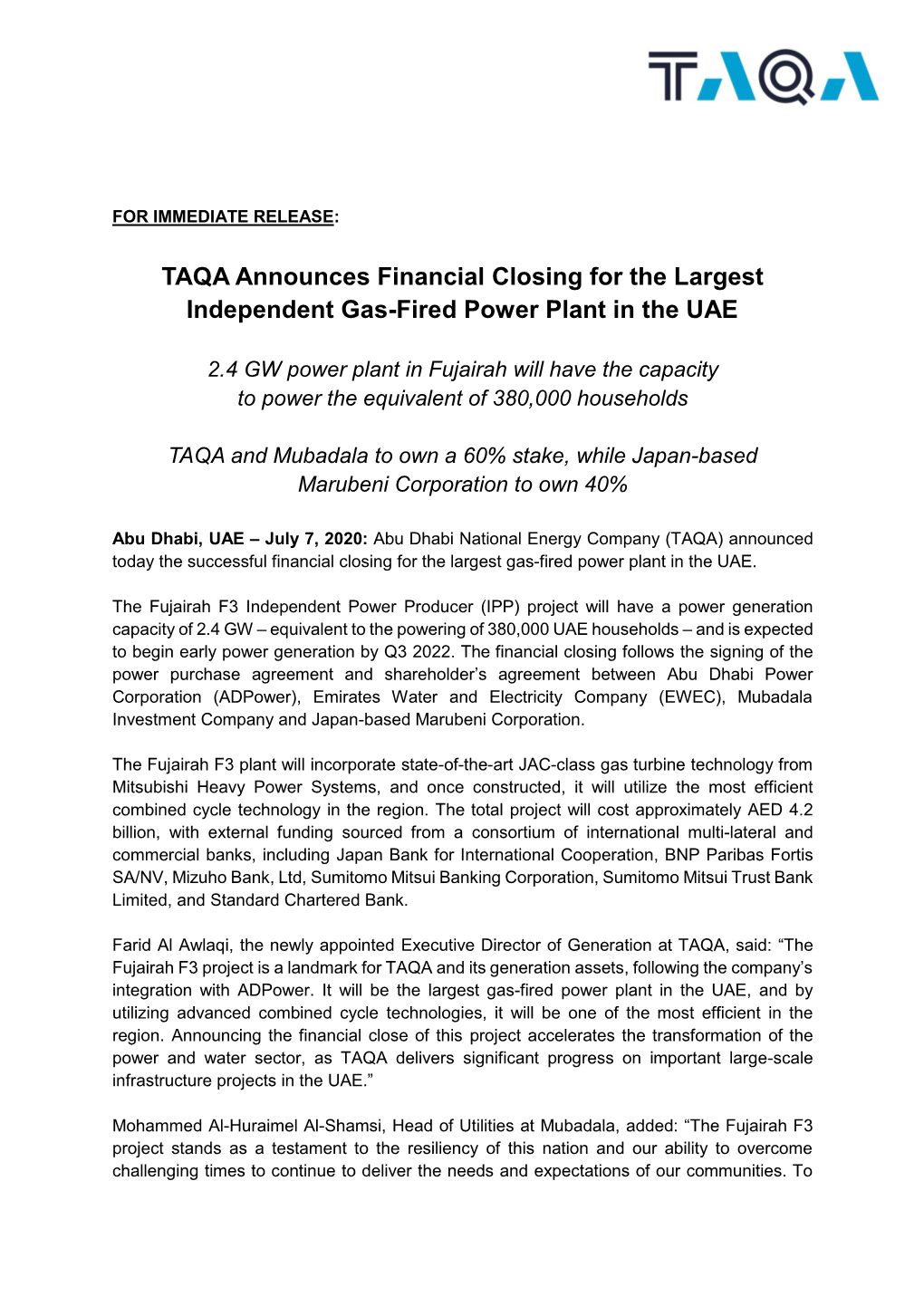 TAQA Announces Financial Closing for the Largest Independent Gas-Fired Power Plant in the UAE