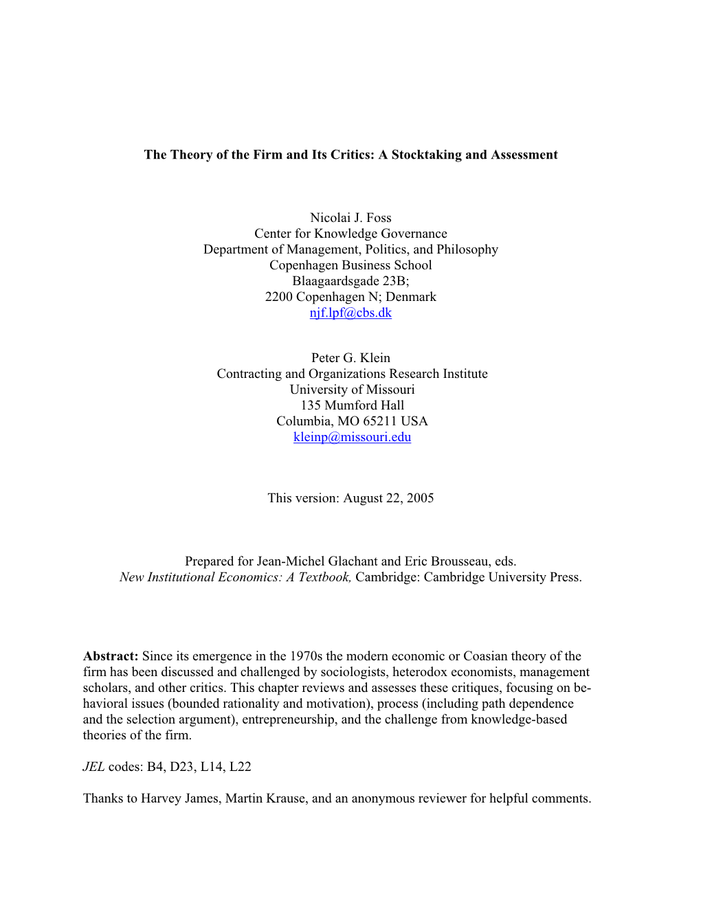 The Theory of the Firm and Its Critics: a Stocktaking and Assessment