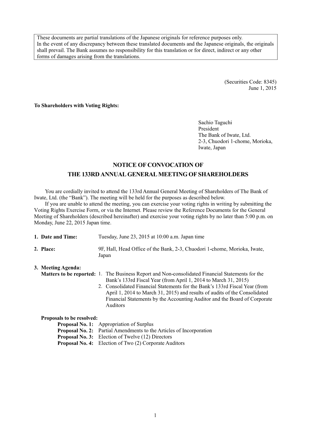 Notice of Convocation of the 133Rd Annual General Meeting of Shareholders