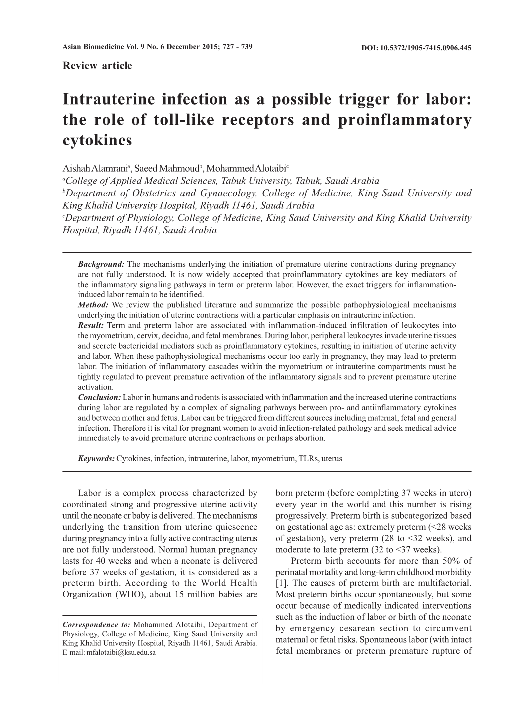 Intrauterine Infection As a Possible Trigger for Labor: the Role of Toll-Like Receptors and Proinflammatory Cytokines