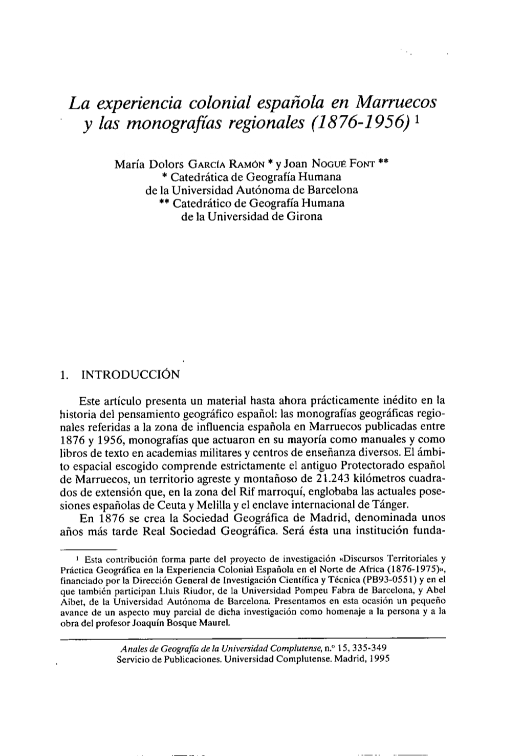 La Experiencia Colonial Española En Marruecos Y Las Monografías Regionales (1876-1956) 1