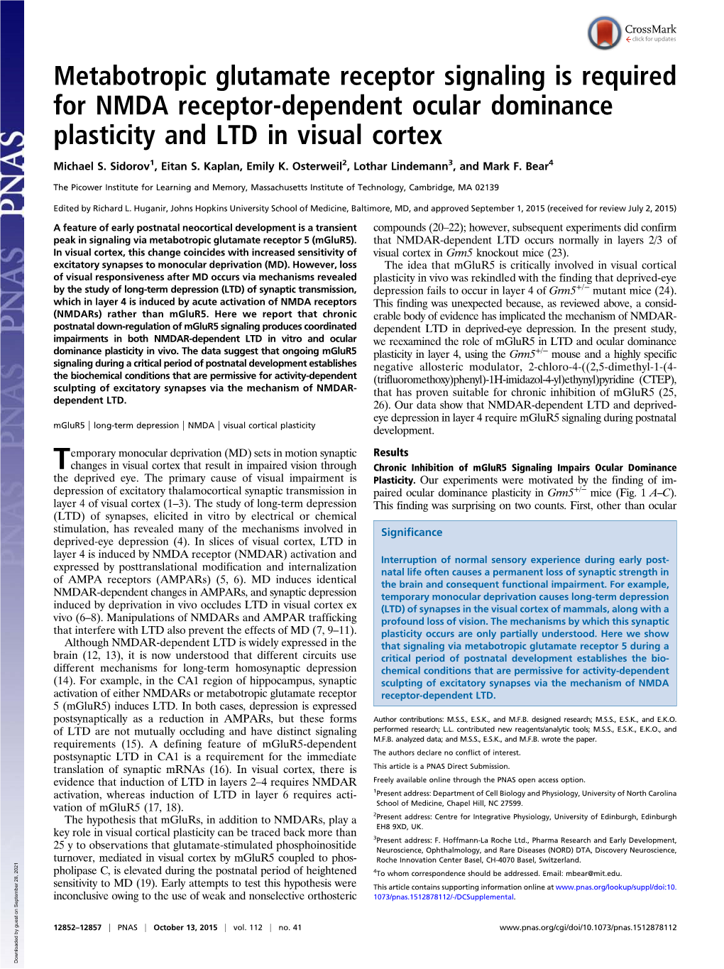 Metabotropic Glutamate Receptor Signaling Is Required for NMDA Receptor-Dependent Ocular Dominance Plasticity and LTD in Visual Cortex