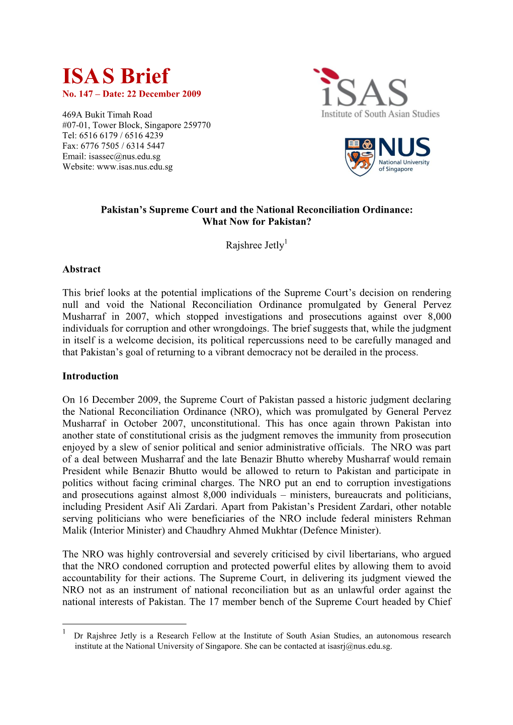 Pakistan's Supreme Court and the National Reconciliation Ordinance