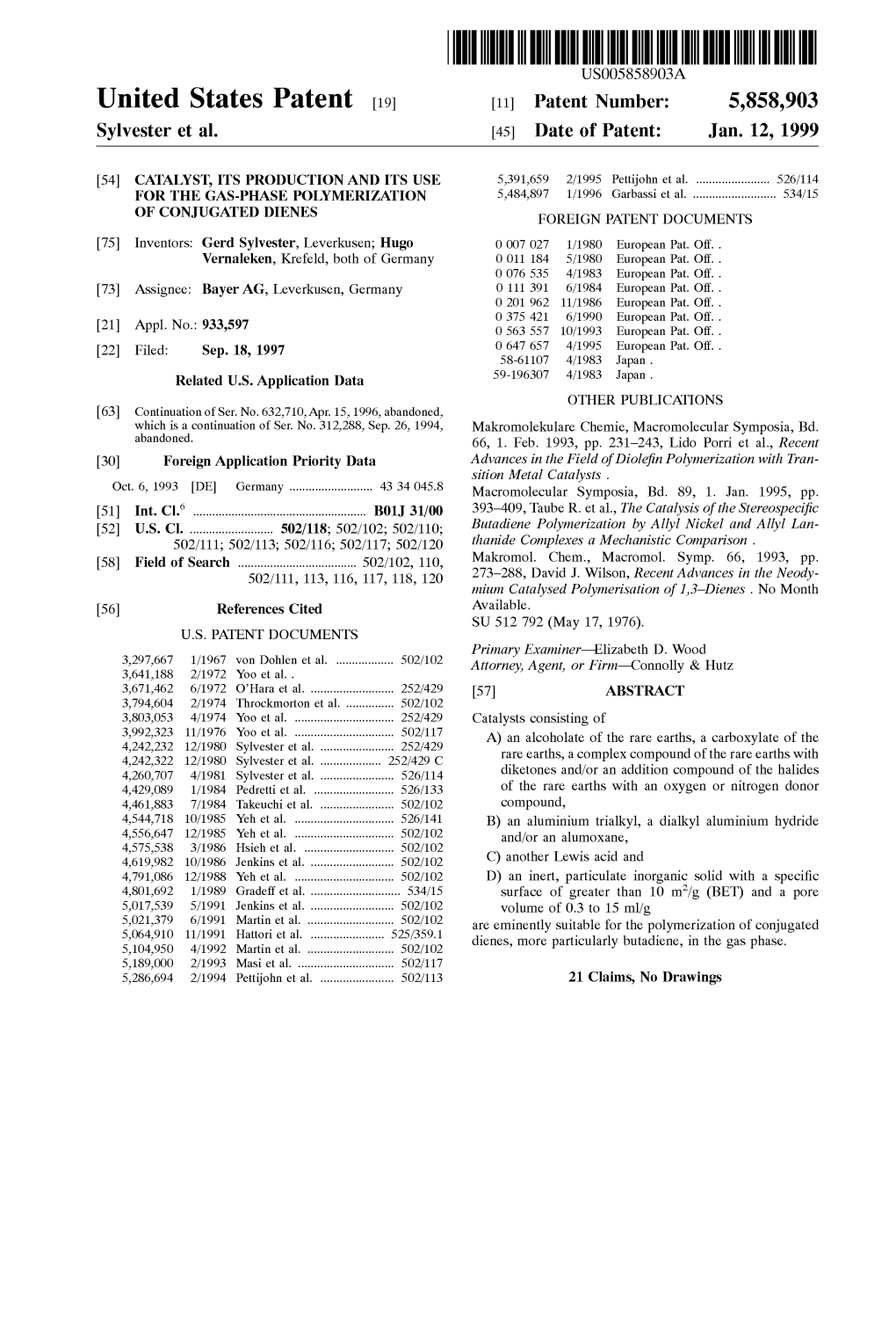 United States Patent (19) 11 Patent Number: 5,858,903 Sylvester Et Al